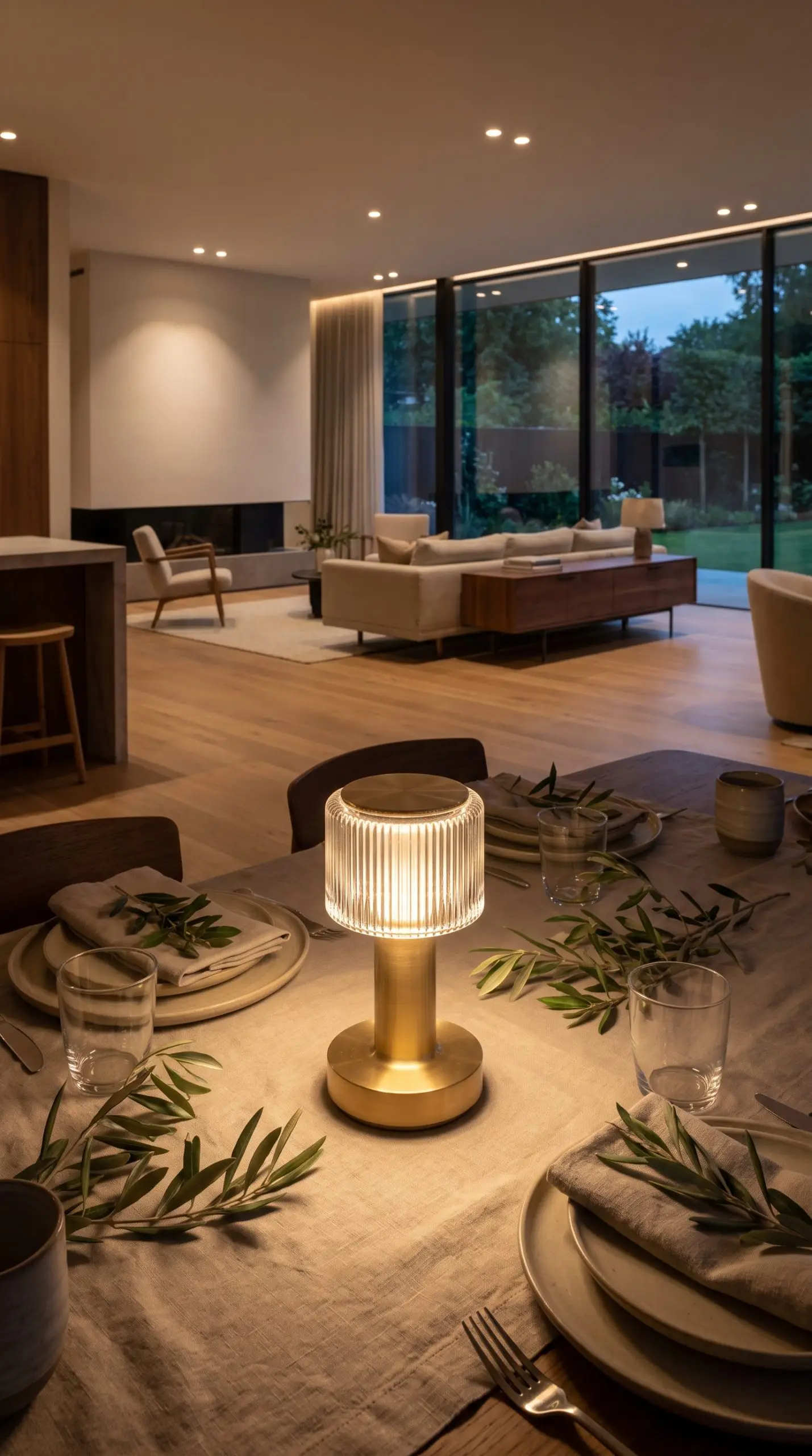 Lampe sans fil rechargeable en laiton usiné et verre cannelé posée sur une table de repas dans une grande pièce à vivre.