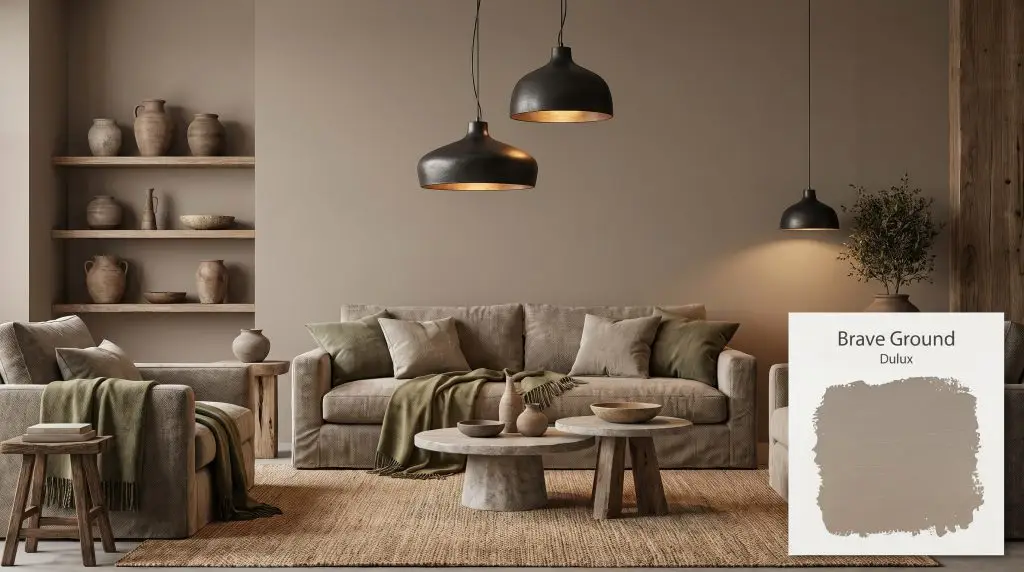 Faded olive green textiles and natural clay pottery complement blackened metal fixtures and Dulux Brave Ground walls (Hex #9D8E7E) under warm lighting.
