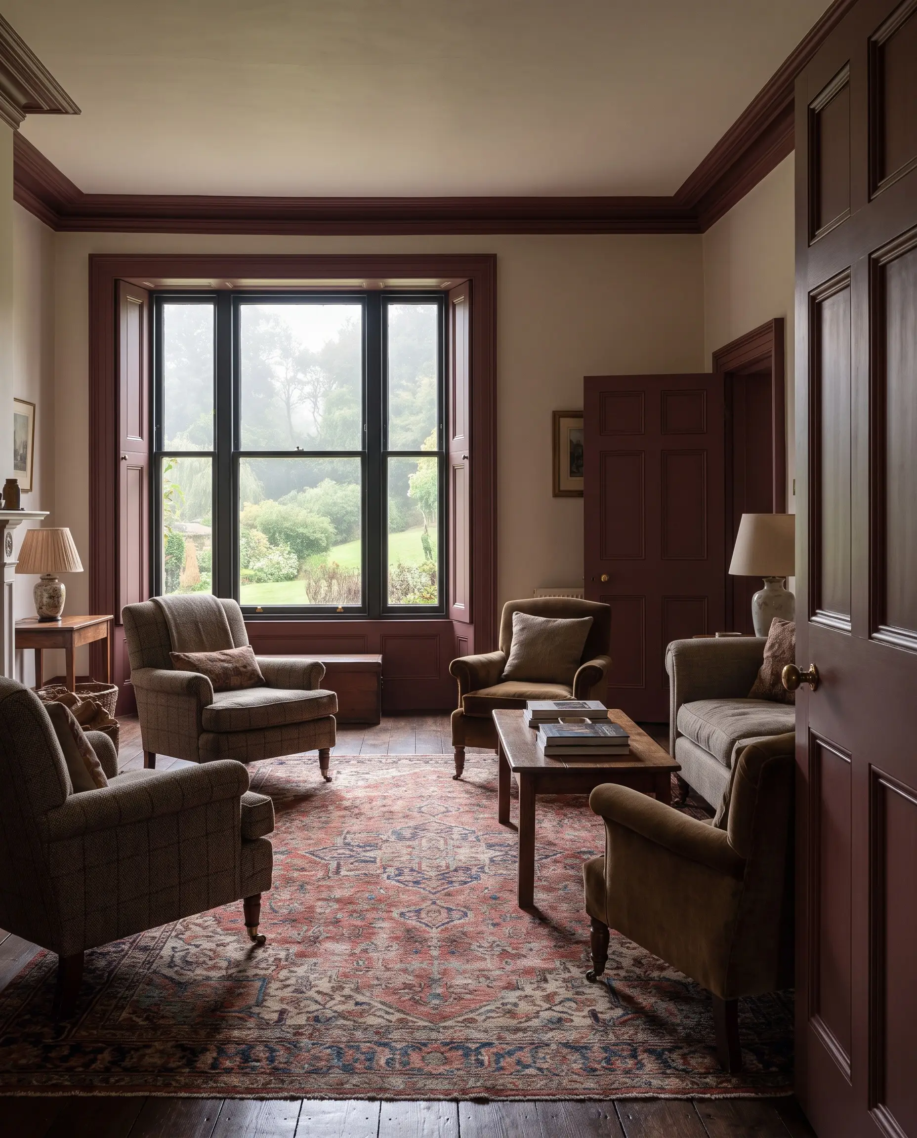 Baseboards, crown molding, and solid wood doors painted in Brinjal aubergine frame a room featuring a vintage hand-knotted Persian rug.