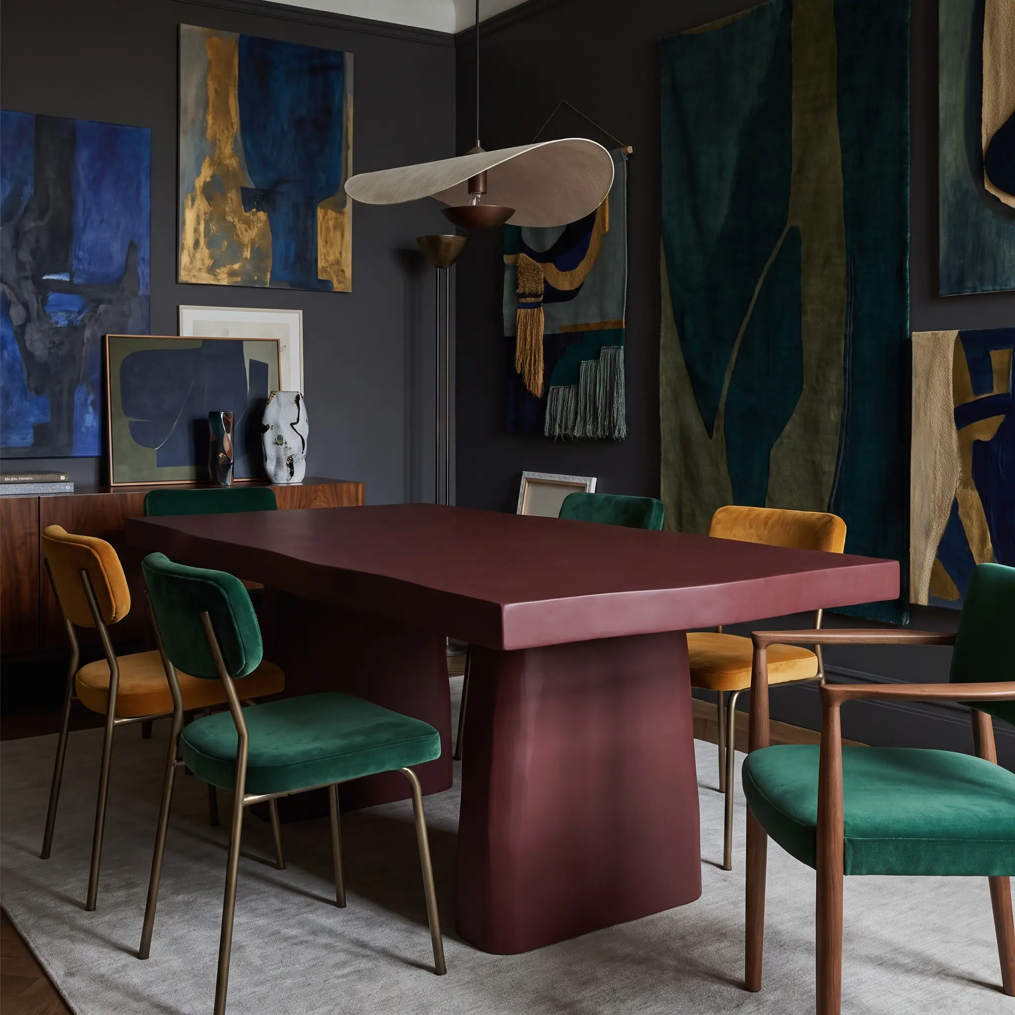 A chunky sculptural dining table drenched in Brinjal oxblood red matte lacquer highlights bold 2027 dining table trends in an avant-garde room.