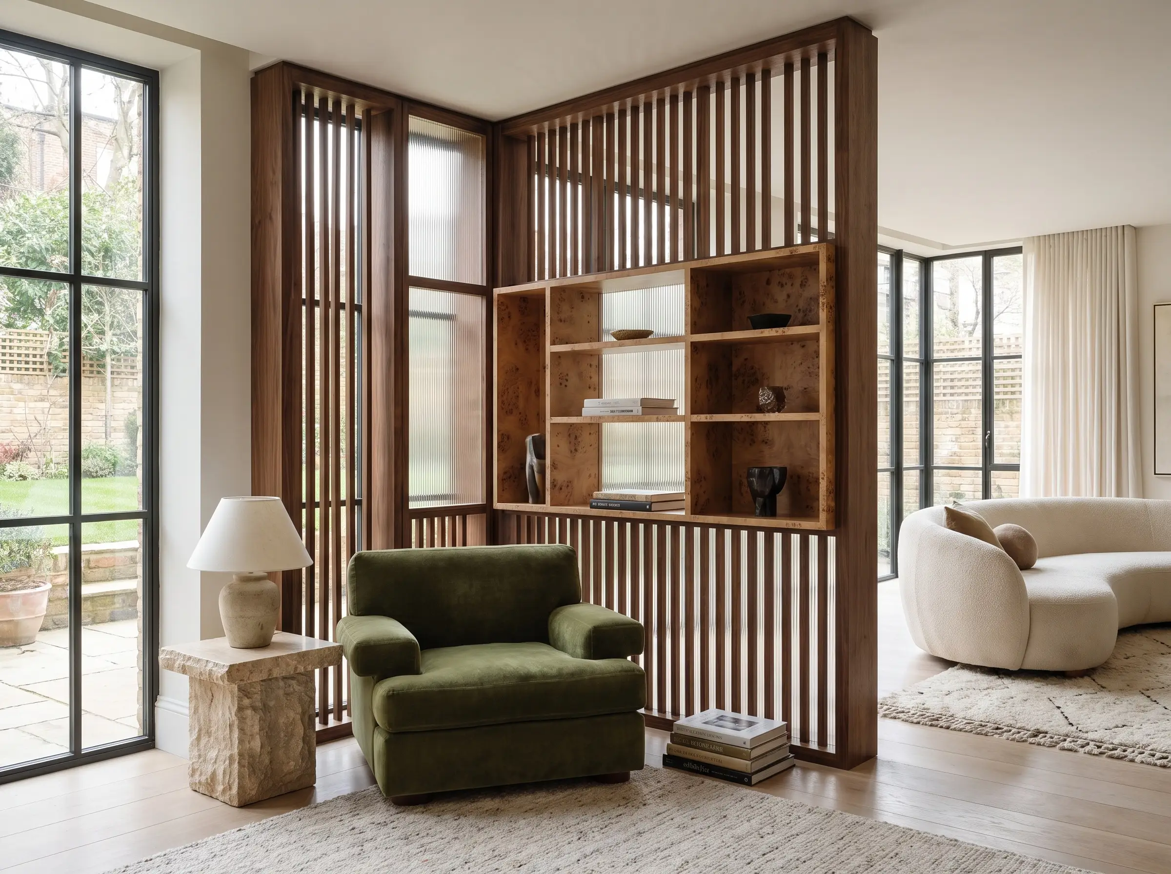 A slatted dark walnut room divider and fluted glass screen carve out a reading nook featuring a plush mohair lounge chair and burl wood shelving.