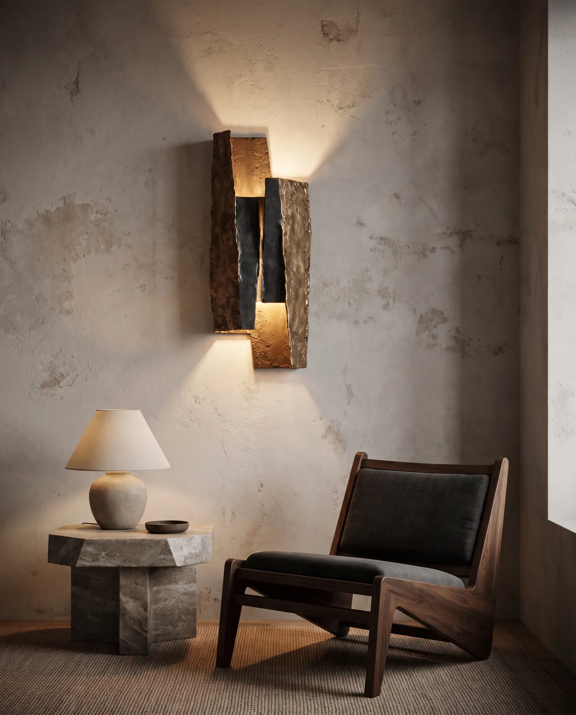 A large-scale brutalist wall sconce crafted from cast bronze and folded blackened steel washes a textured plaster wall with warm indirect light.