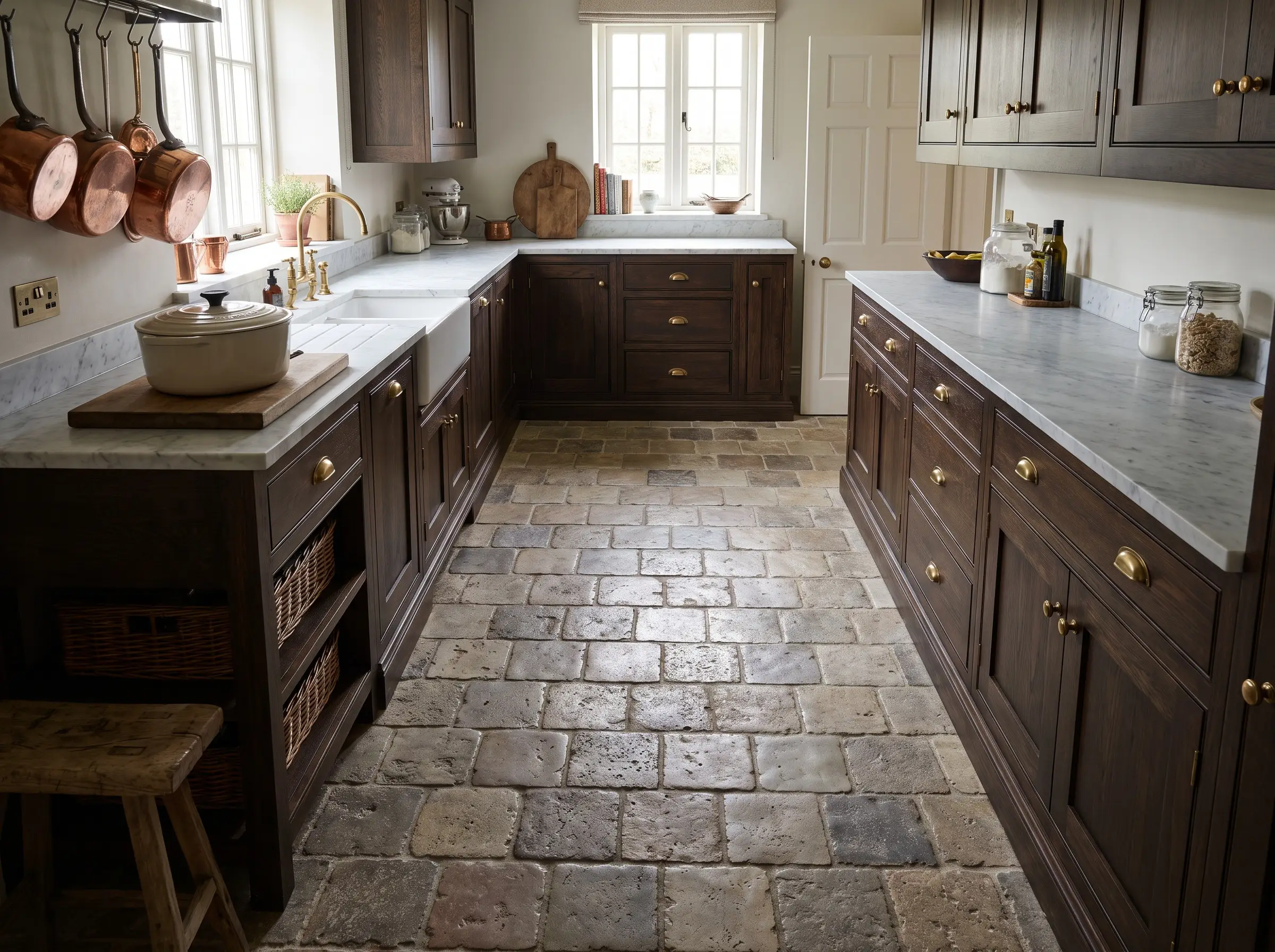 Rugged tumbled limestone flooring anchors the latest walk in pantry and scullery trends below refined bespoke cabinetry and high-end prep counters holding a cast iron pot.