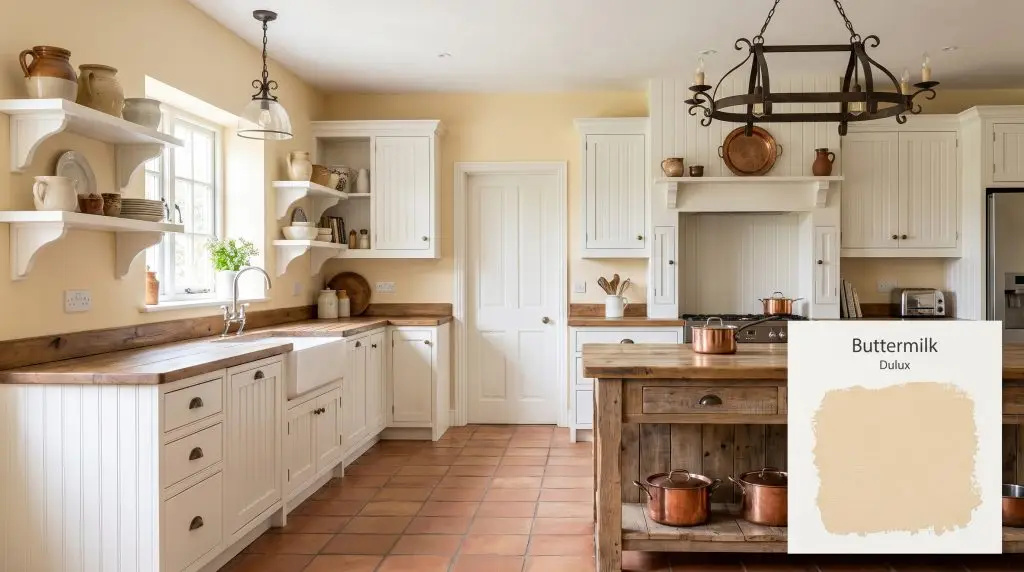 Bright daylight highlights a rustic kitchen featuring crisp white cabinetry, wooden countertops, and terracotta floor tiles against Buttermilk walls (Hex #F0DFBC).