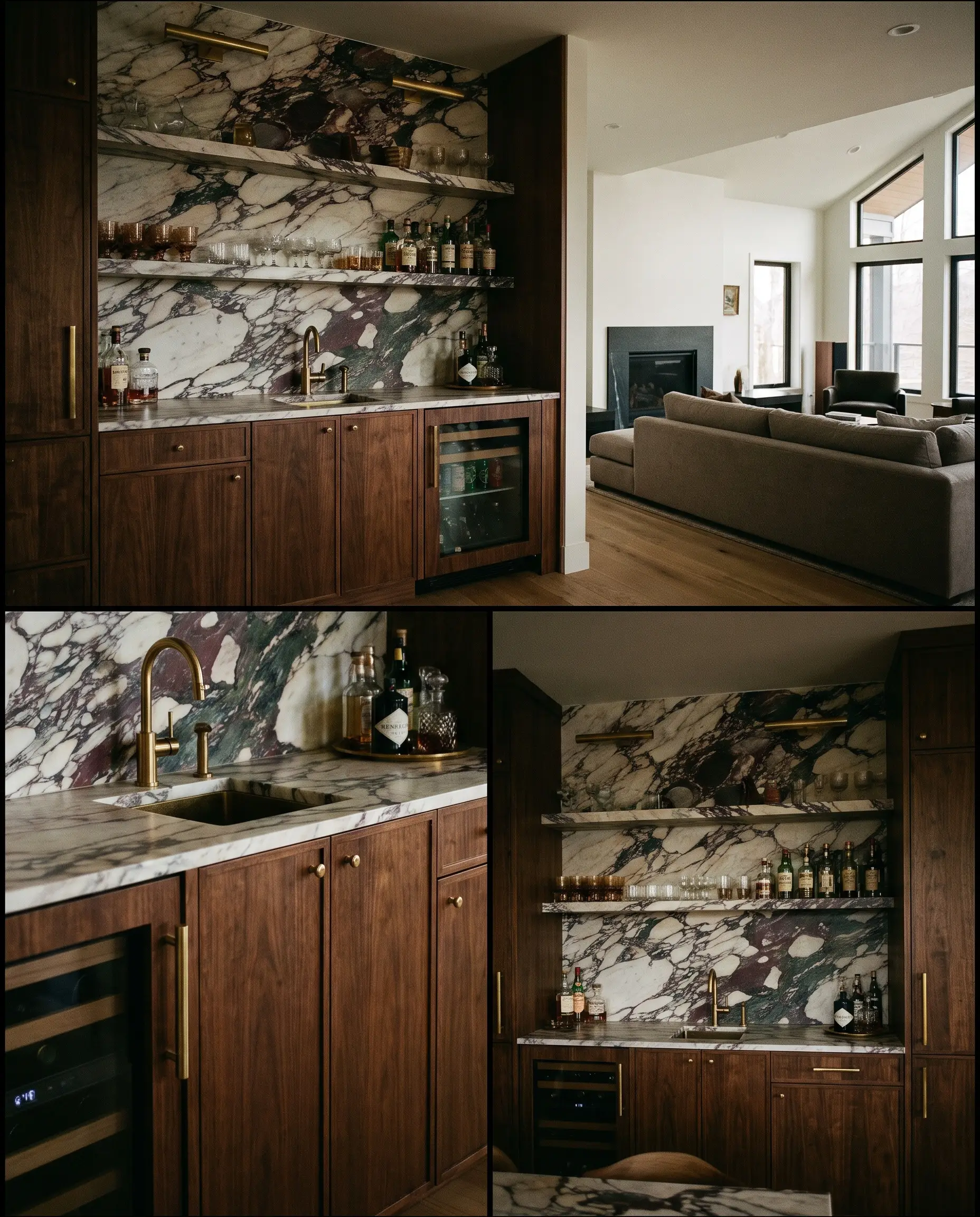A heavily veined Calacatta Viola marble backsplash runs continuously from the counter to the ceiling above warm wood cabinetry in a contemporary living space.