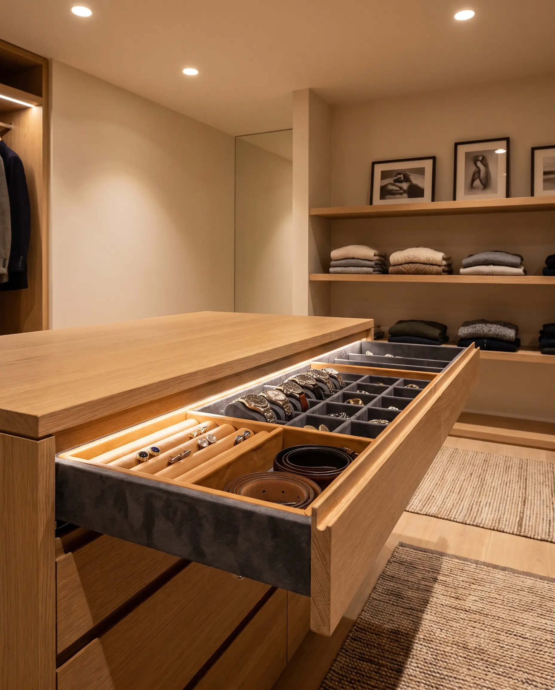 An open jewelry drawer within a rift-sawn oak center island features plush camel-colored vegan leather and charcoal Alcantara suede inserts.