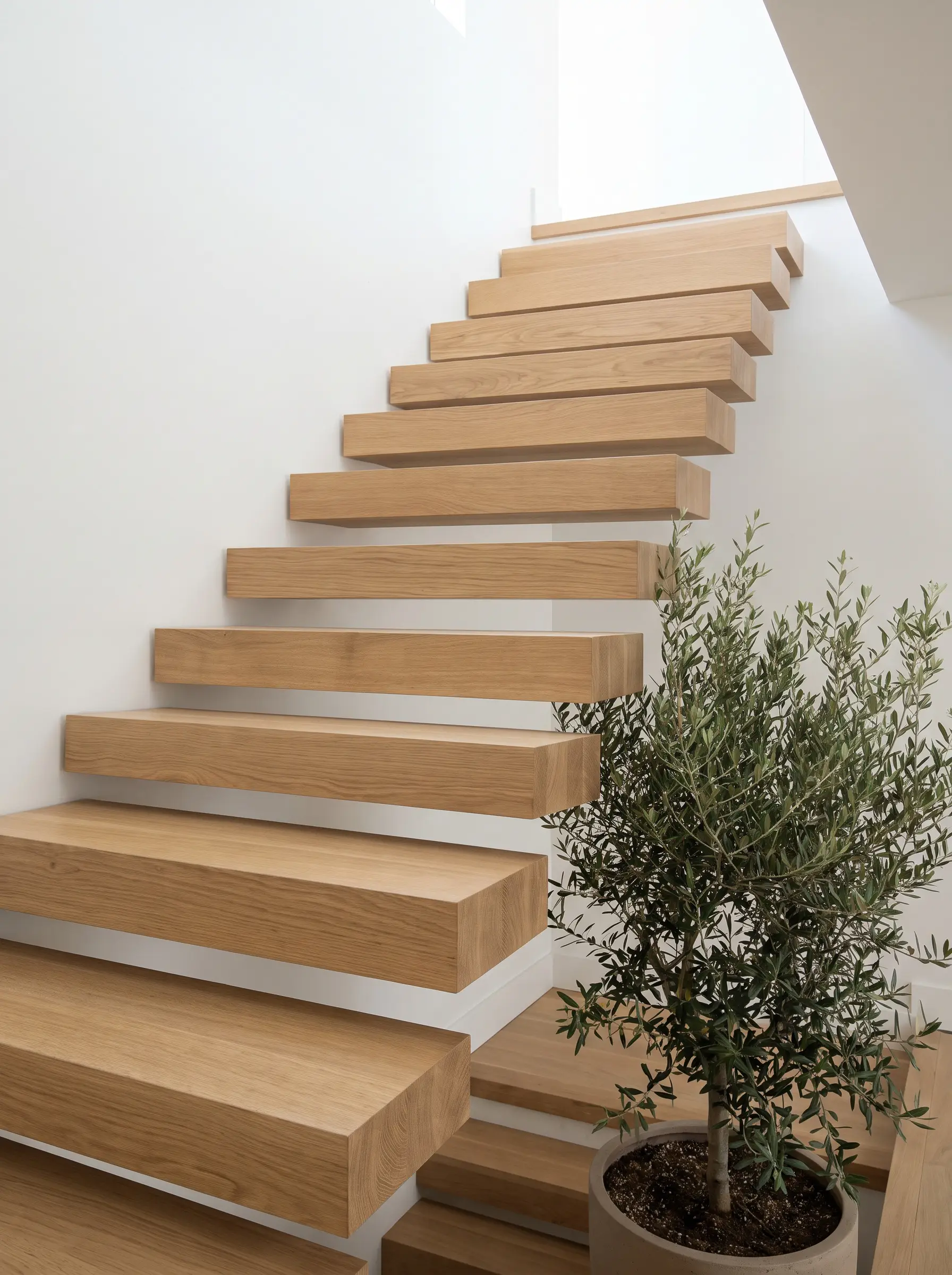 Solid rift-sawn white oak cantilevered stair treads with an open-riser design ascend a white gallery wall in a bright residential atrium beside a potted olive tree.