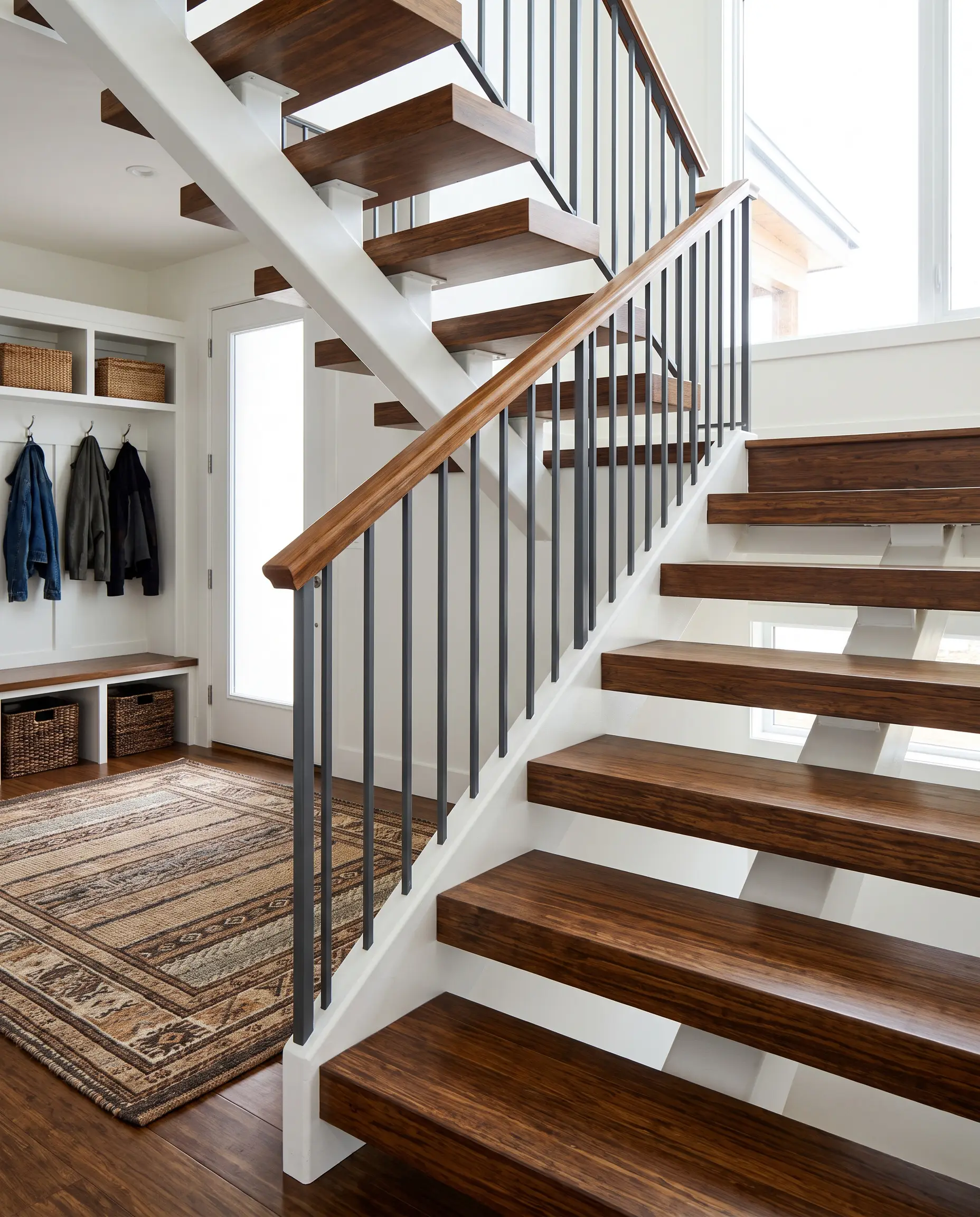Carbonized strand-woven bamboo composite stair treads pair with a clean white-painted stringer and simple modern metal balusters, representing 2027 staircase and railing trends.