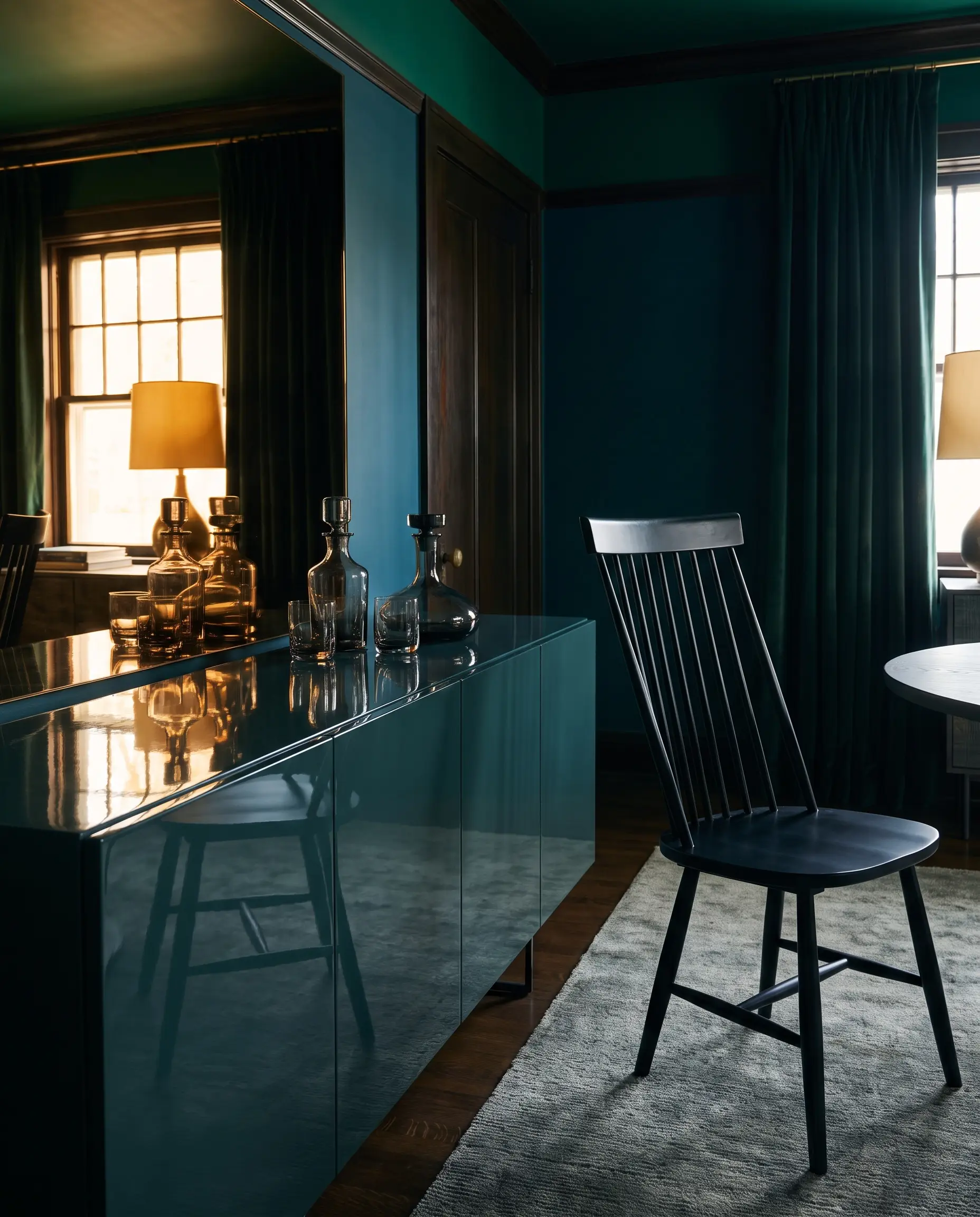 Credenza con laccatura lucida a specchio nella tonalità verde profondo Cascades, con caraffe in vetro fumé a contrasto con una sedia in legno nero opaco.
