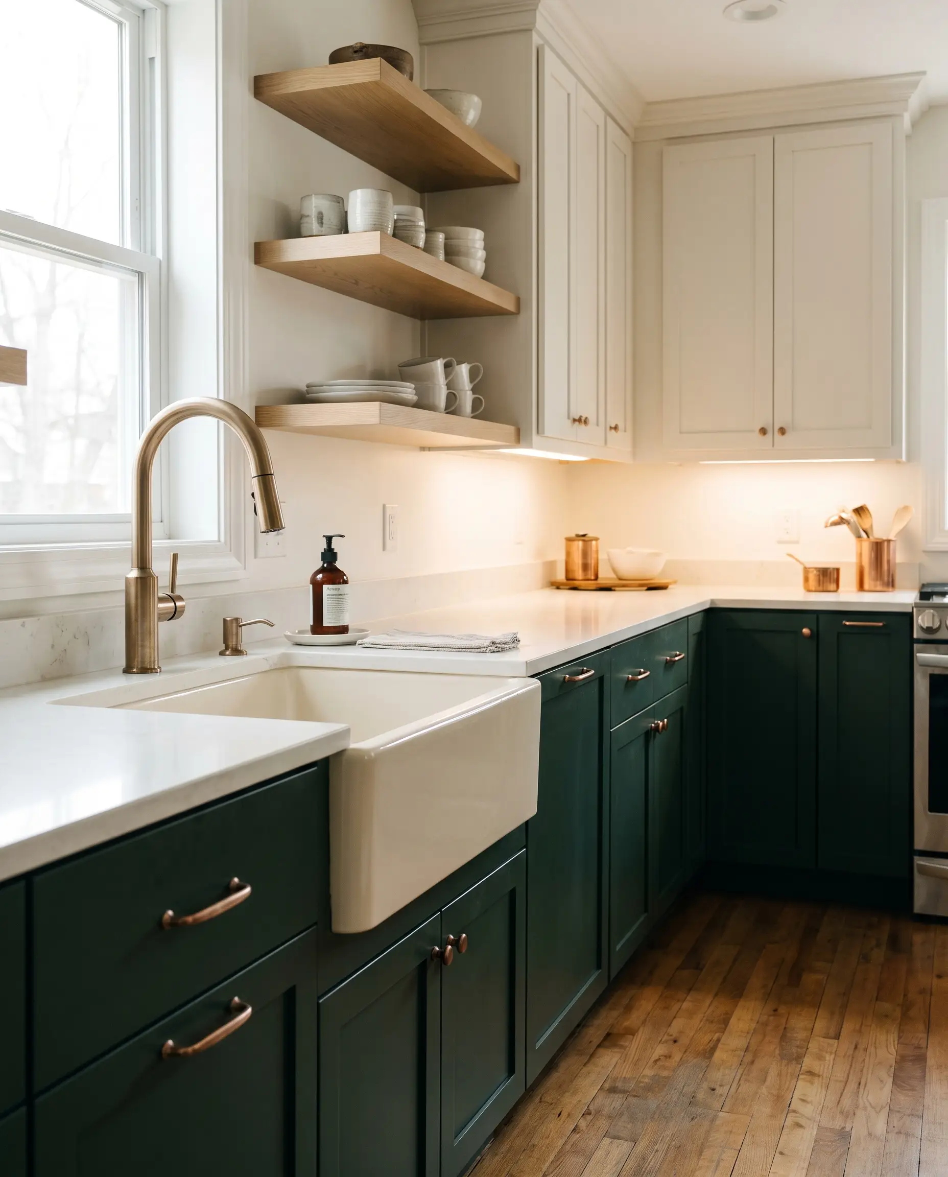 A tactile champagne bronze pull-down faucet mounts over a warm-white fireclay farmhouse sink surrounded by hunter green lower and alabaster upper cabinets.