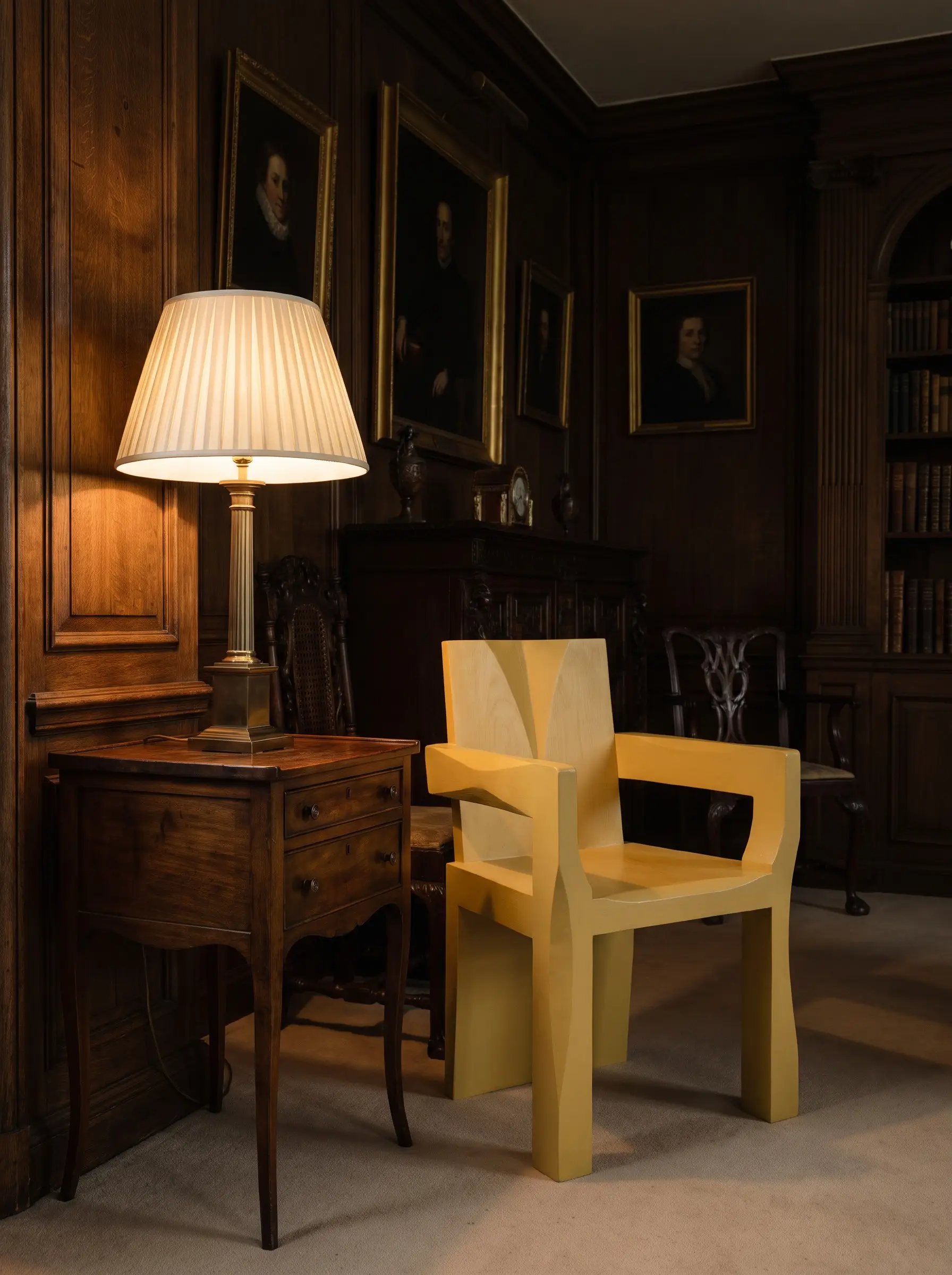 A highly sculptural wooden occasional chair painted in Chartreuse sits next to a pleated silk lampshade on a vintage side table.