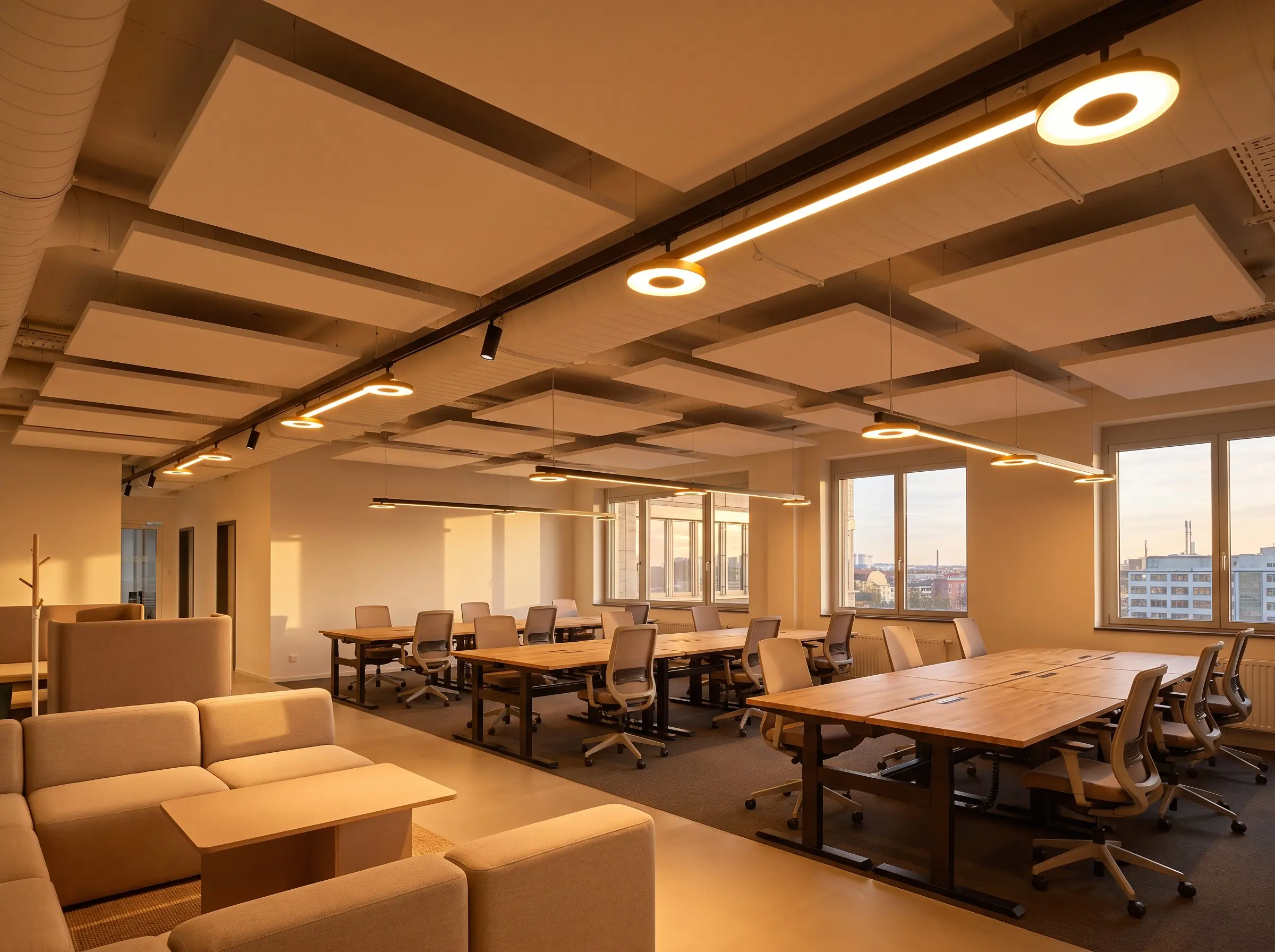 Tunable white LED fixtures on dimmable tracks cast a warm glow across solid wood desks, illustrating office design trends 2027 in automated illumination.