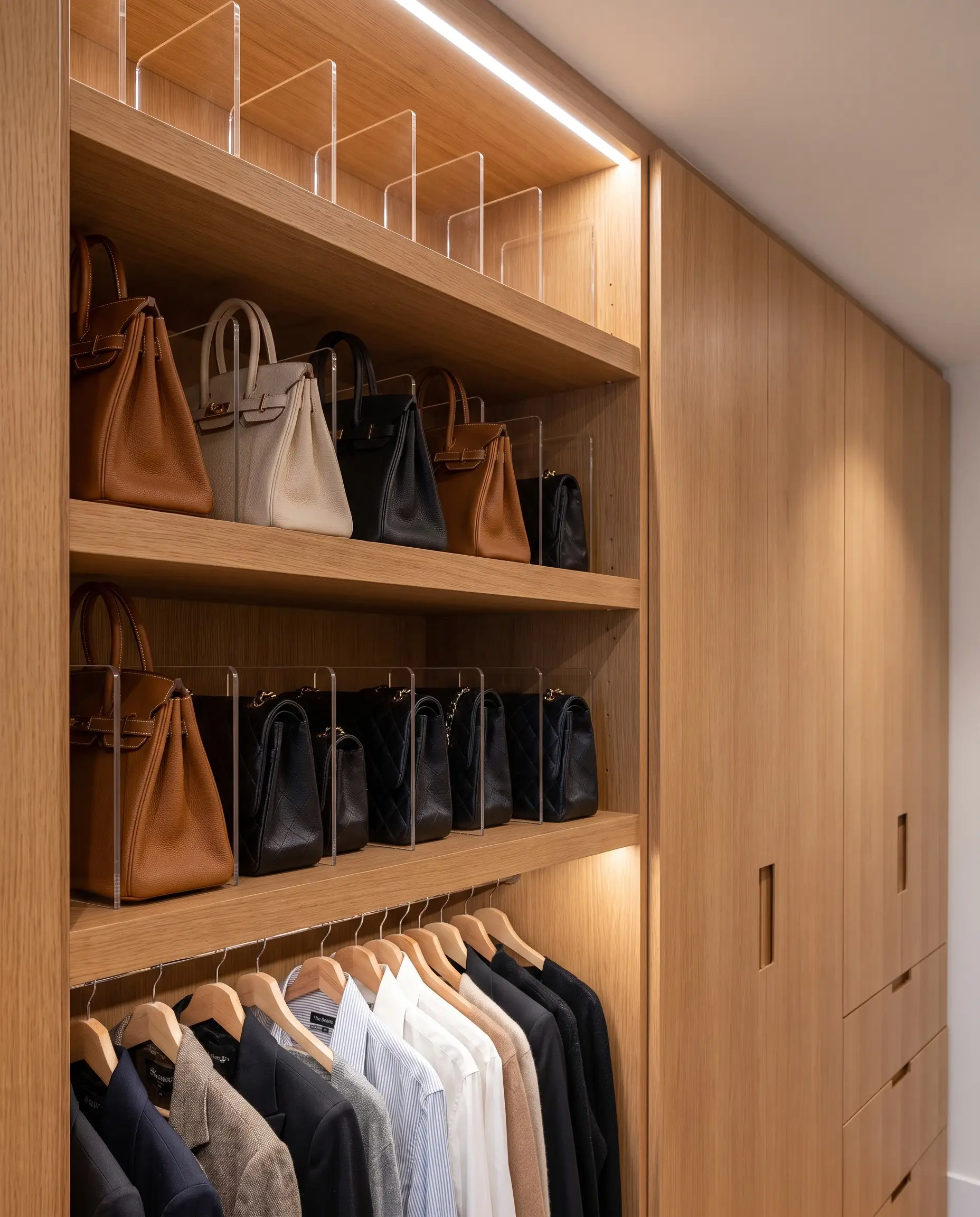 Clear cast acrylic vertical dividers slot flawlessly into routed grooves in warm rift-sawn wood shelving to keep luxury leather handbags perfectly upright.
