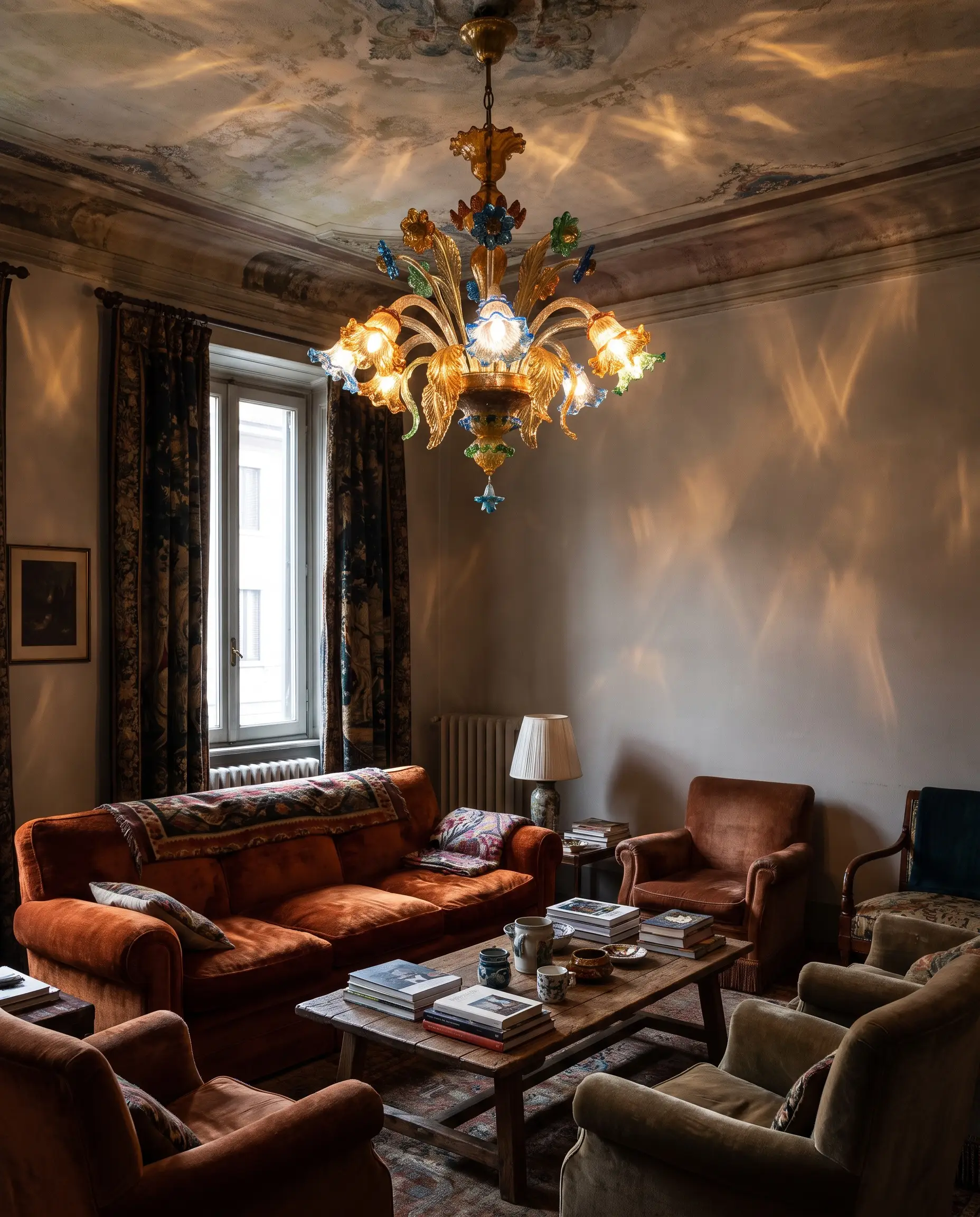 A massive colored vintage hand-blown Italian Murano glass chandelier casts warm light over heavy mohair textiles on a modern sofa.