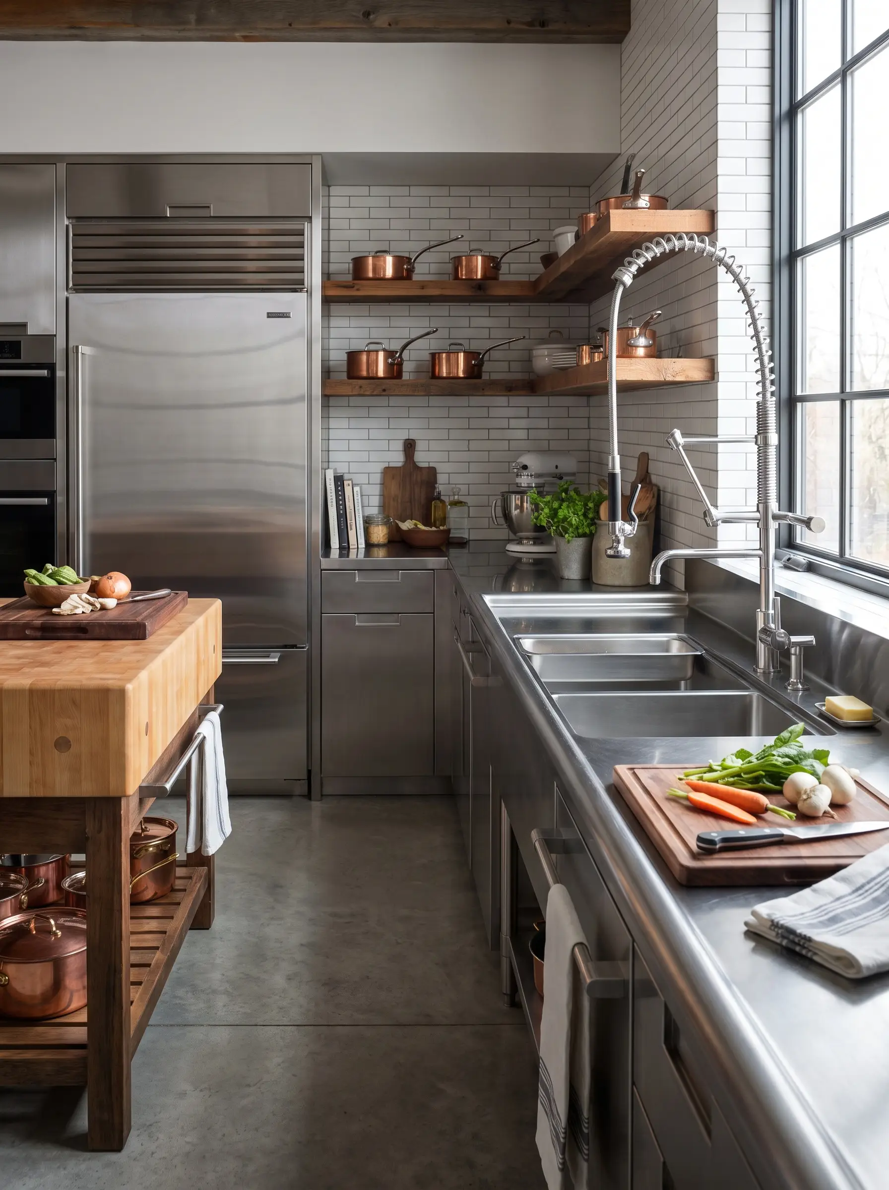 A refined commercial-style spring faucet with magnetic docking arms stands over a heavy-duty 16-gauge stainless steel workstation sink and warm wood shelving.