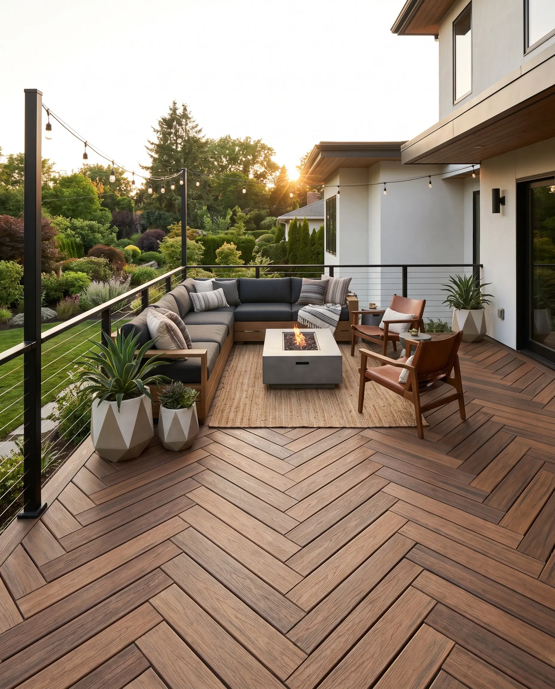 Decking in legno composito polimerico in tonalità calde della terra con montanti in alluminio nero opaco e ringhiere a cavetti d'acciaio.