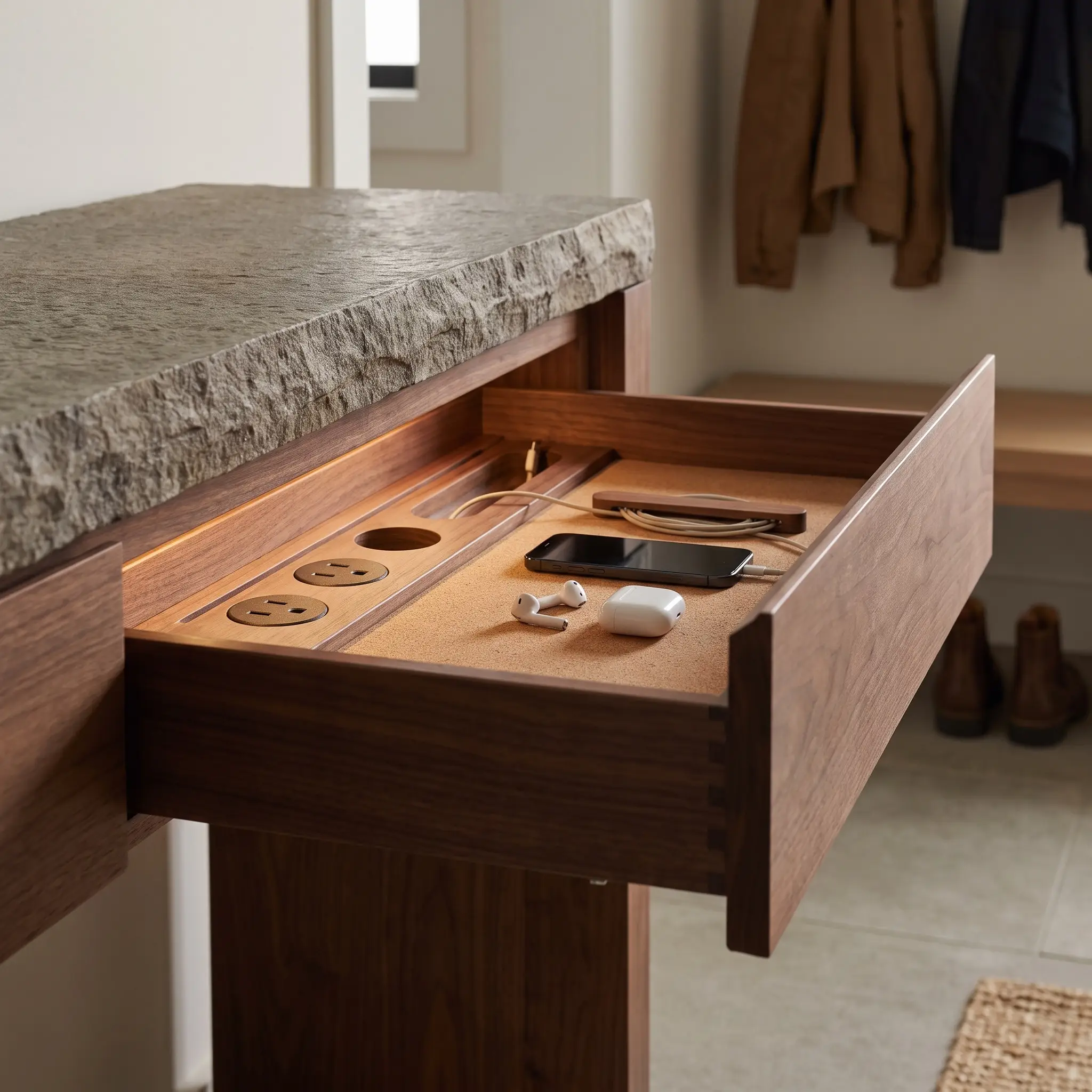 A shallow matte walnut drawer integrated into a stone-topped console opens to reveal a hidden cork-lined charging station with routed electrical outlets.