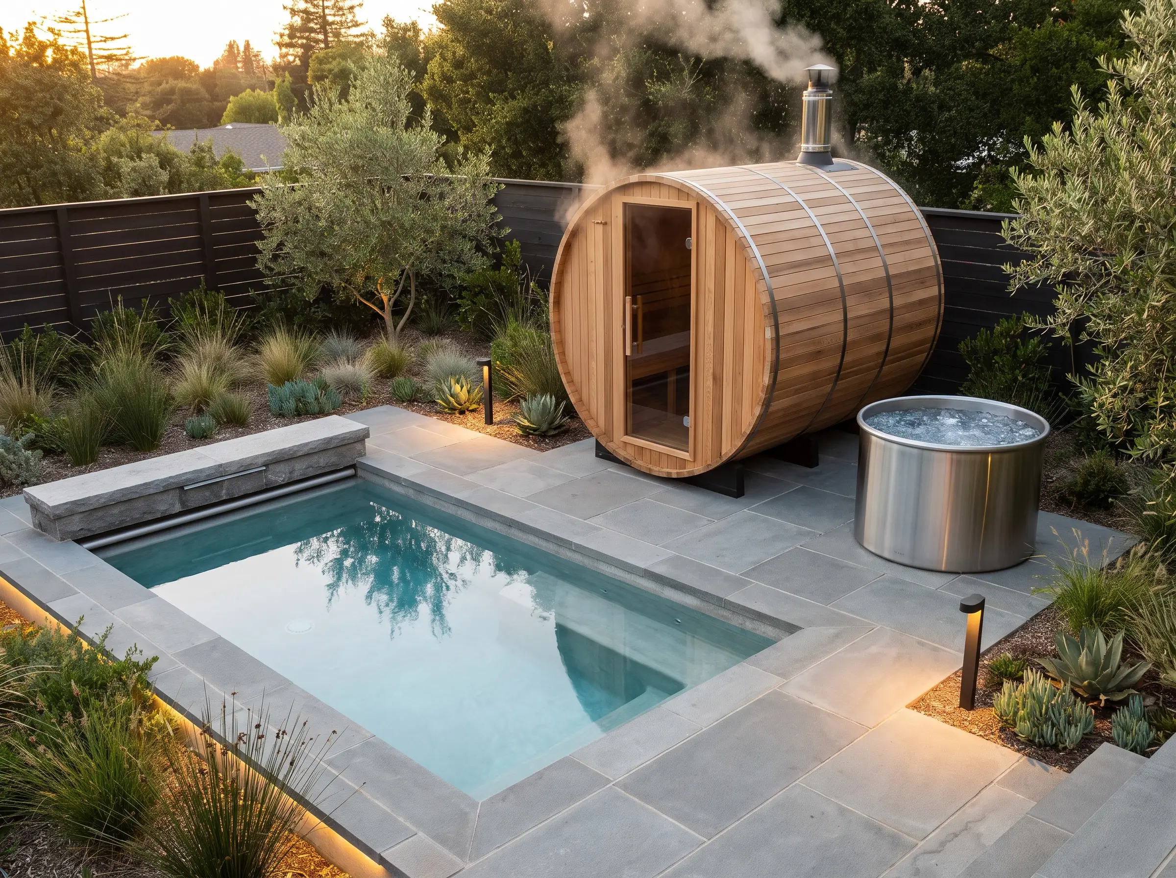 Minipiscina plunge pool in calcestruzzo prefabbricato, sauna a botte in cedro e vasca per crioterapia in acciaio inox su pavimentazione in pietra.