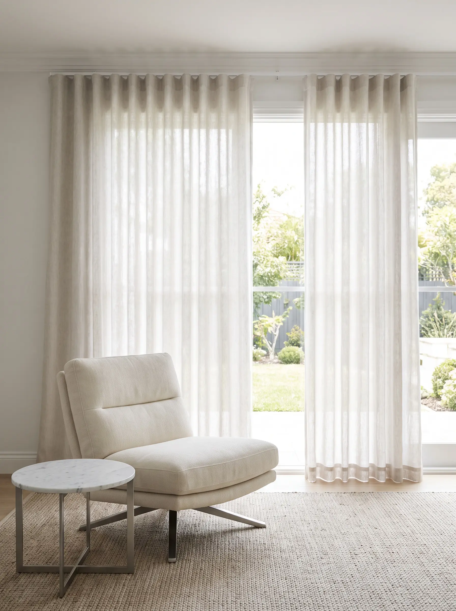 Tenda fluida con confezione a onda continua Ripplefold accanto a una poltrona moderna e tavolino in marmo.