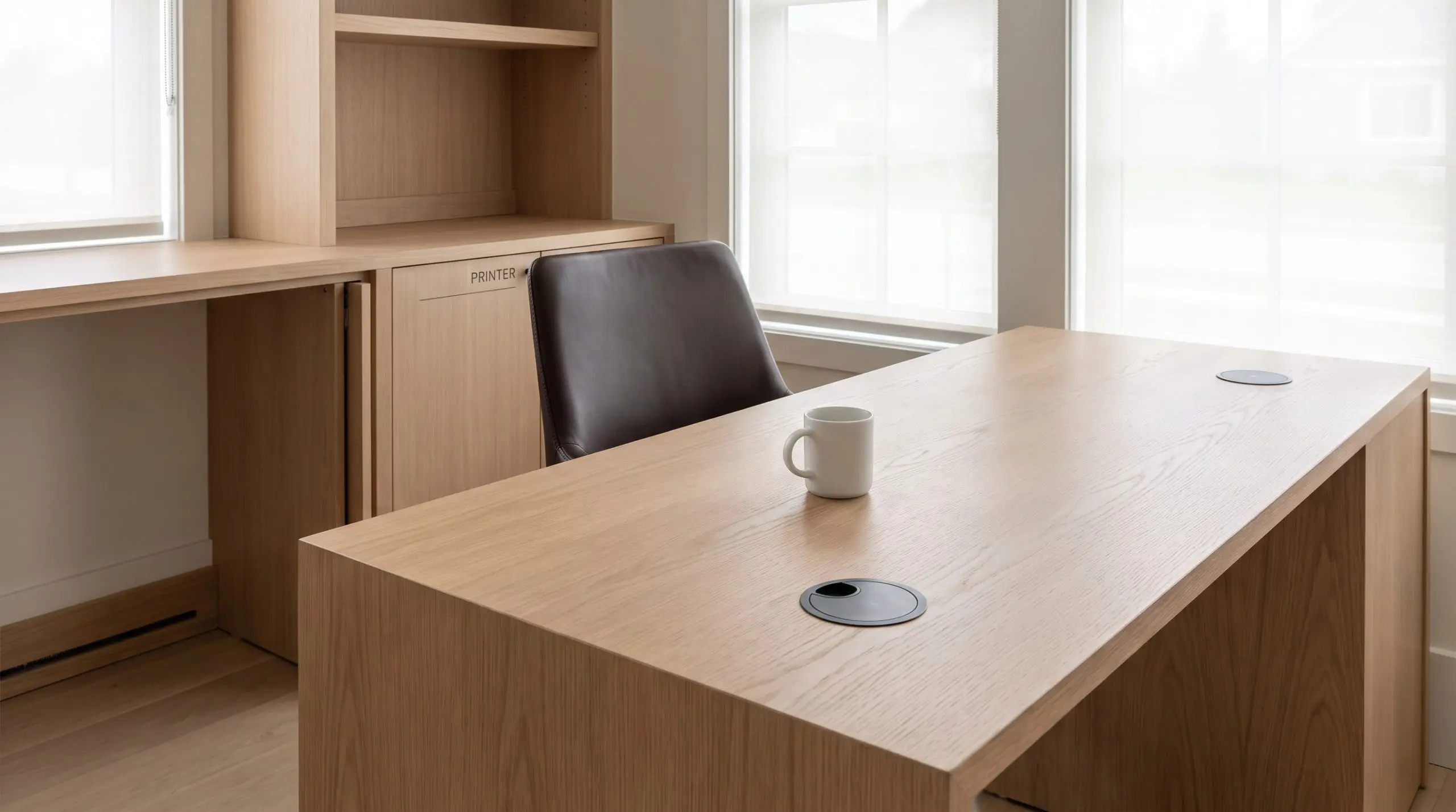 Chargeurs à induction affleurants et passe-câbles intégrés à un bureau sur mesure en chêne près d'un meuble intégrant une niche escamotable pour imprimante.
