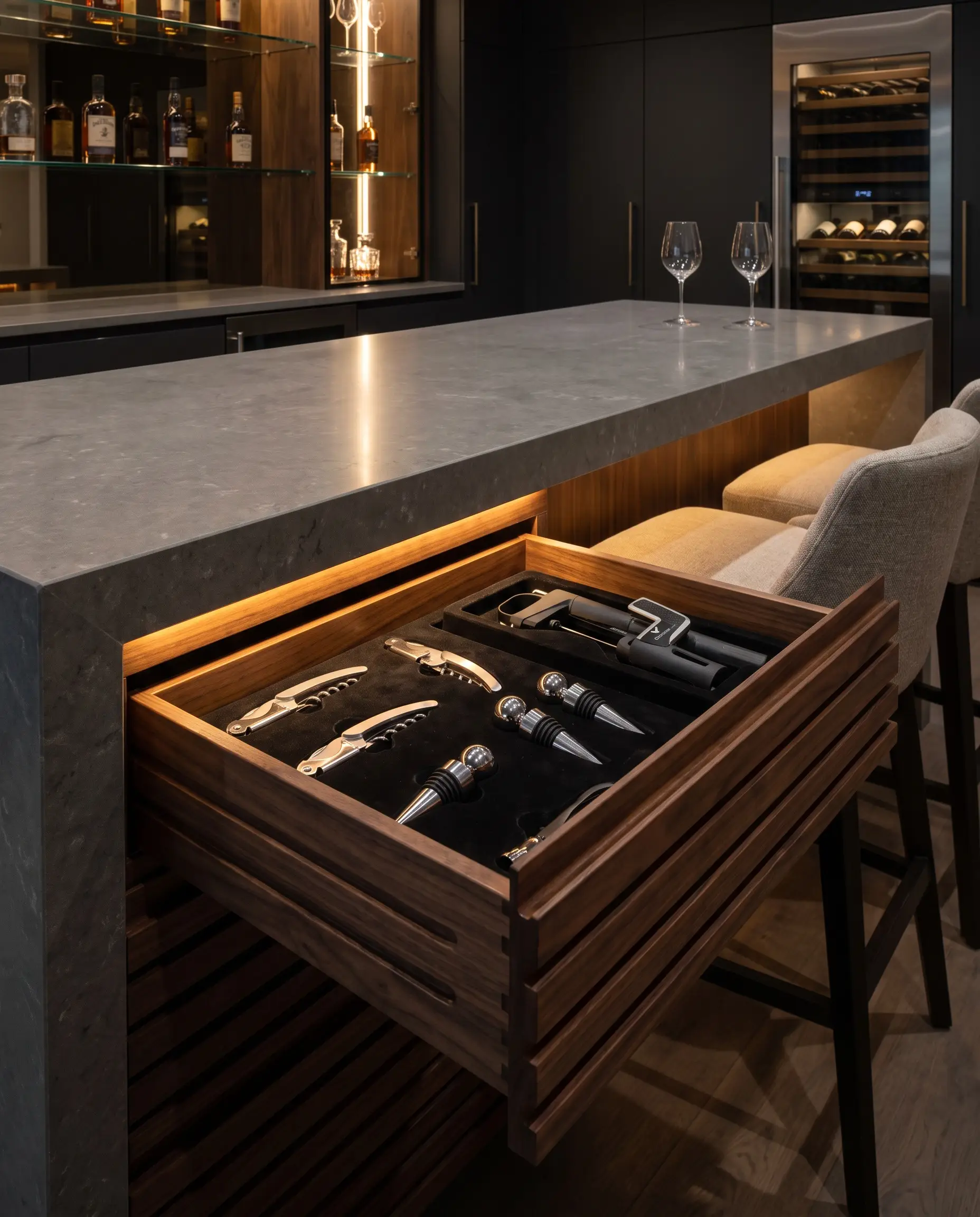 A custom walnut slotted humidor drawer pulls open to reveal felt-lined compartments holding corkscrews and a Coravin system beneath a pristine stone tasting counter.