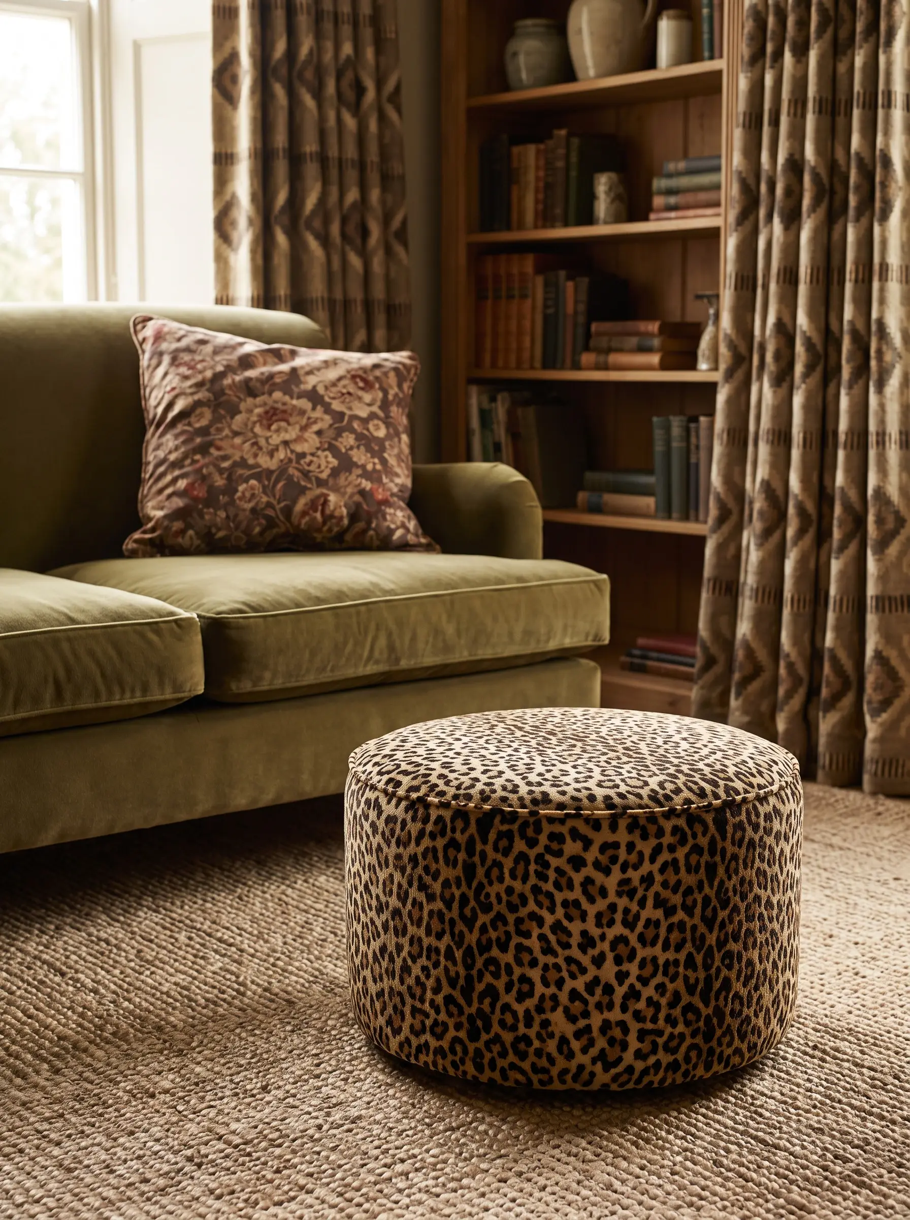 A low footstool upholstered in cut-velvet leopard print rests on a chunky natural sisal rug near a solid sofa with a floral pillow.