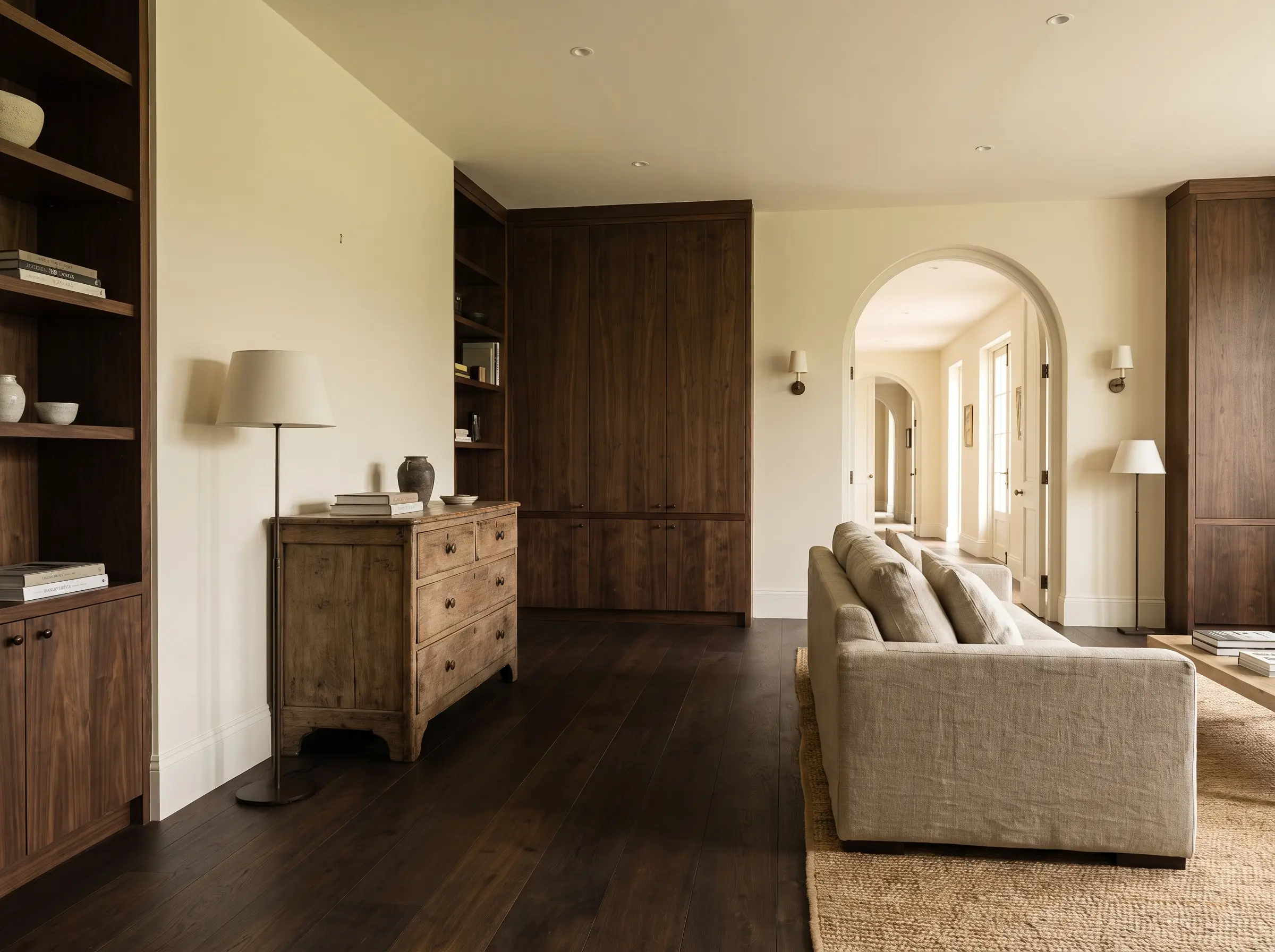 Highlighting trendy interior design styles 2027, this bespoke living room features dark European walnut built-in joinery, deep smoked walnut floors, and a heavy natural linen sofa.