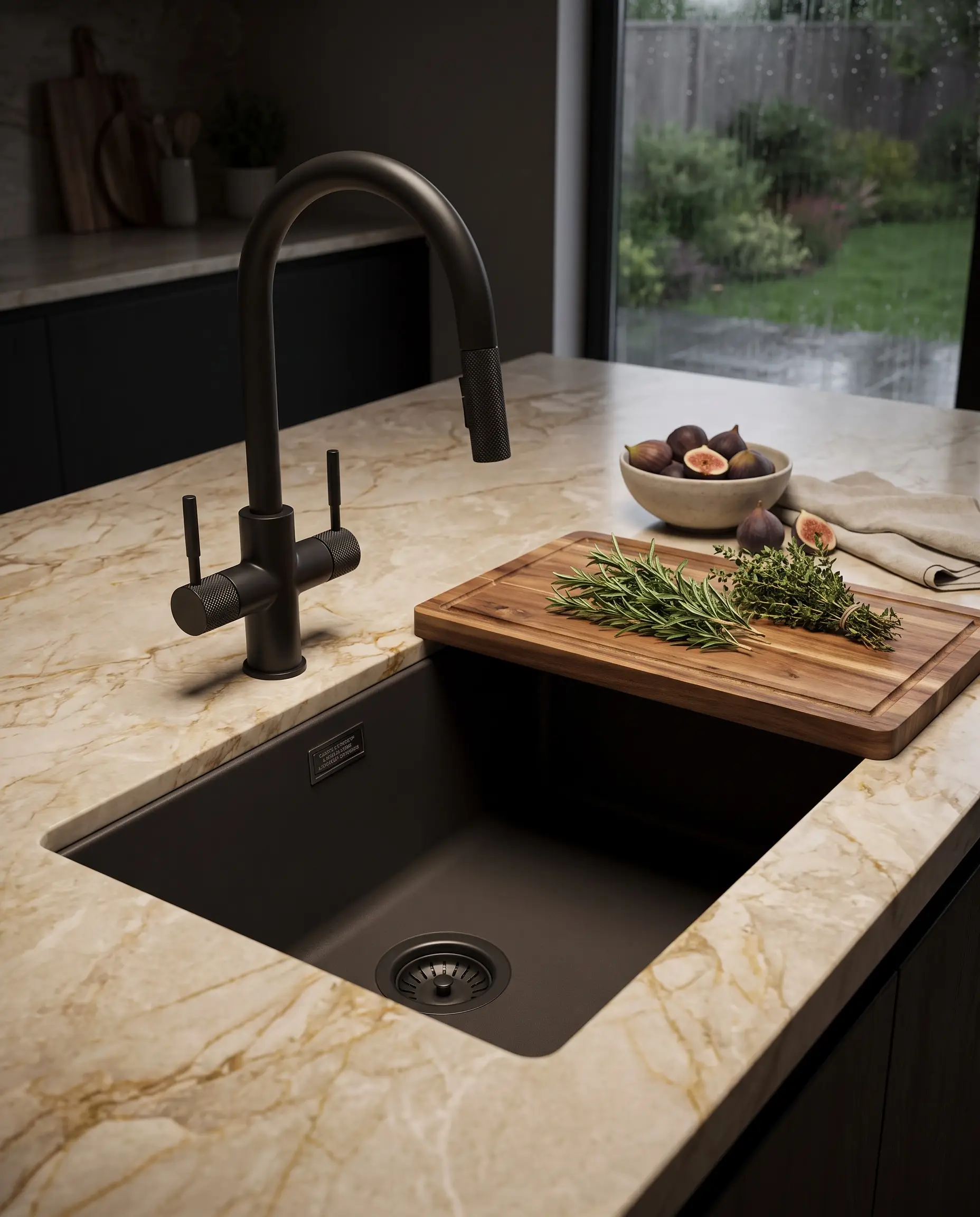 A moody dark truffle granite composite sink integrates seamlessly with a matte black knurled faucet and a light warm-veined marble countertop.