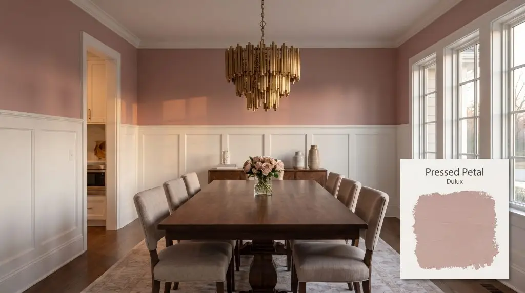 A brass chandelier hangs above a dark walnut dining table, framed by crisp white wainscoting and walls painted in Dulux Pressed Petal (Hex #BC9795).