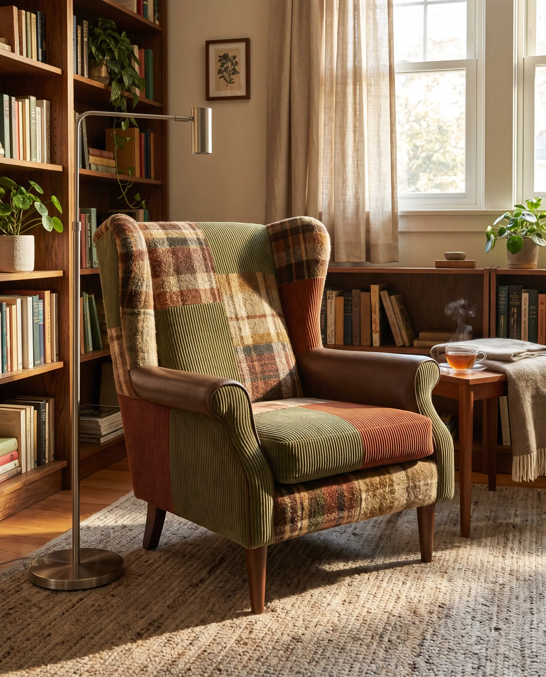 Poltrona dal profilo vintage rivestita in mohair deadstock e velluto a coste larghe con dettagli in pelle di micelio, accanto a una lampada da lettura in acciaio spazzolato.