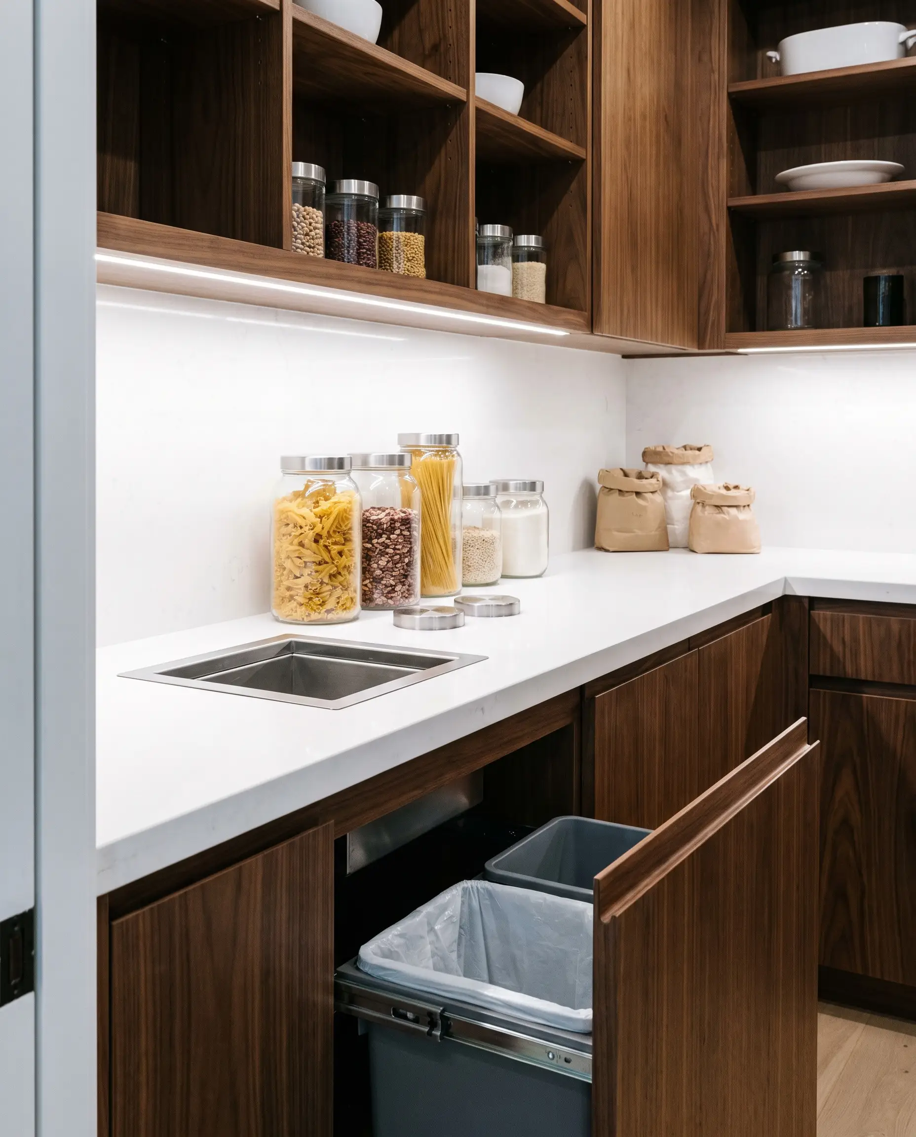 A dedicated decanting station features a pristine countertop with a flush-mount stainless steel compost chute above a pull-out recycling center surrounded by custom millwork.