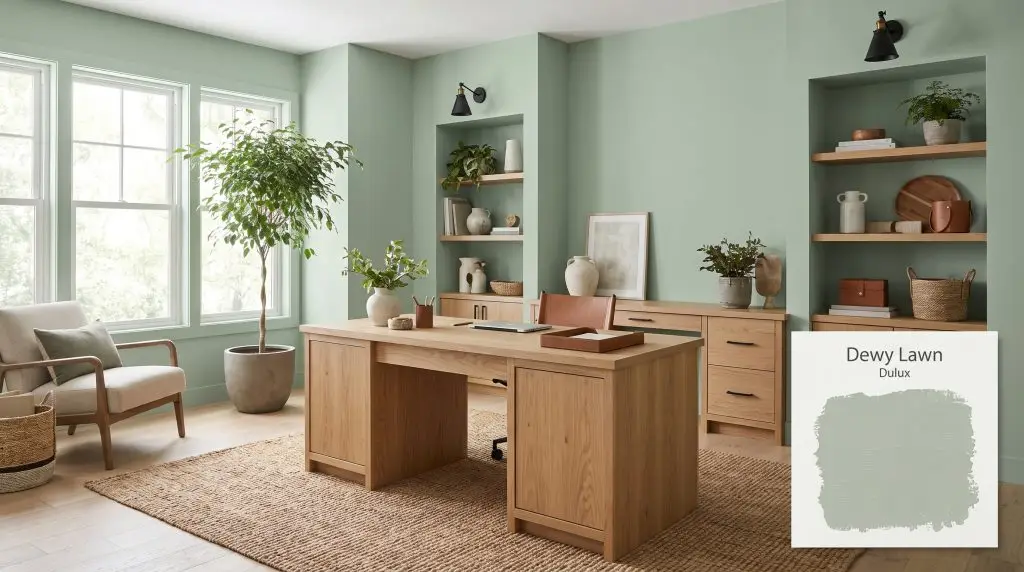 A natural oak desk and woven rug sit within a rustic modern home office painted in Dulux Dewy Lawn (Hex #A7B9A5).