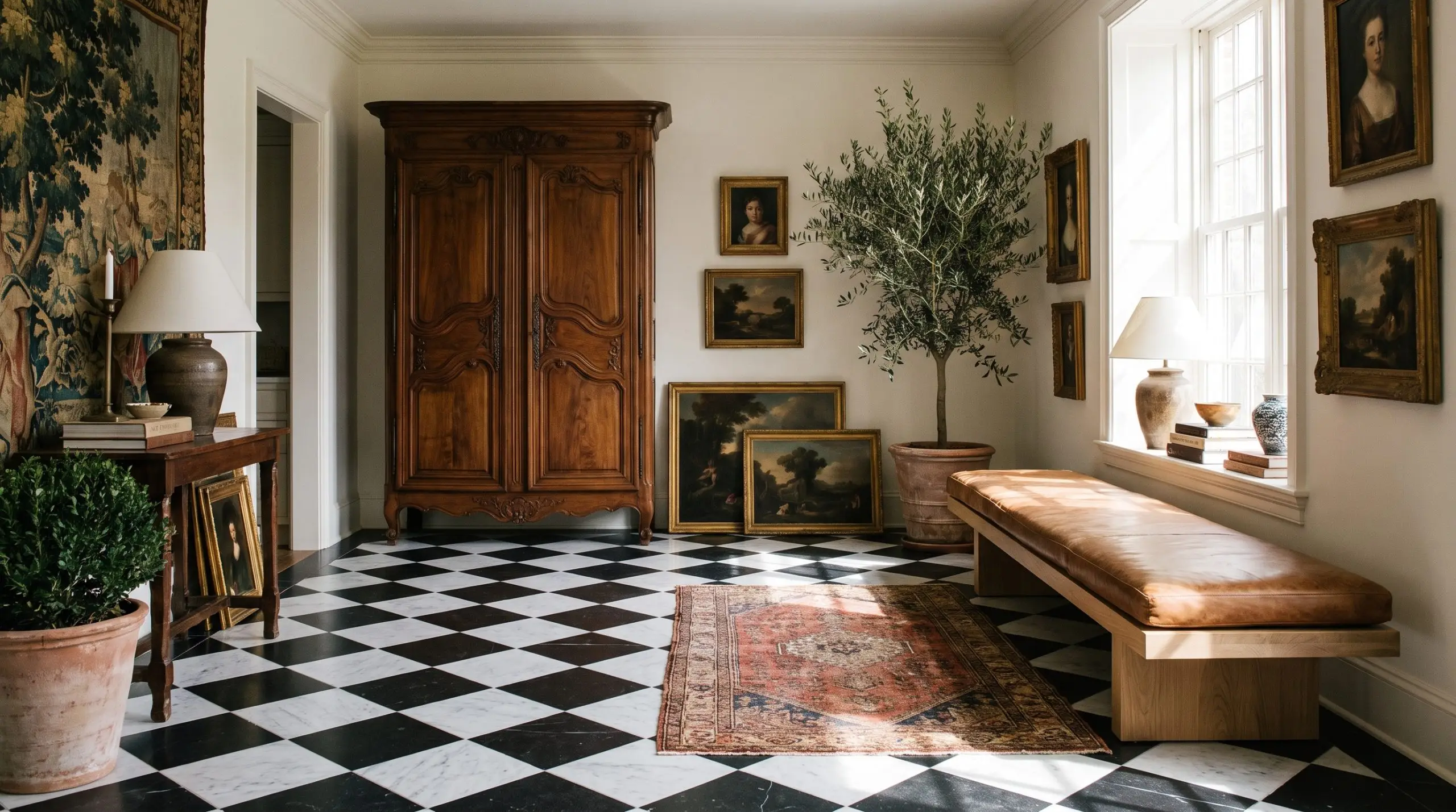 Honed Nero Marquina and Carrara marble floor tiles form a diagonal harlequin grid beneath a heavy walnut antique armoire and modern plinth-base bench.