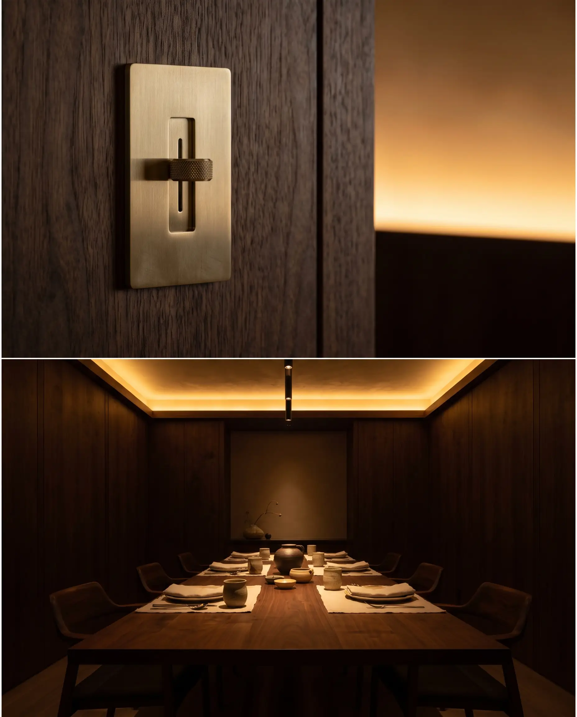 Variateur architectural tactile contrôlant des LED dim-to-warm au-dessus d'une table de salle à manger sur mesure, luminaire 2027.