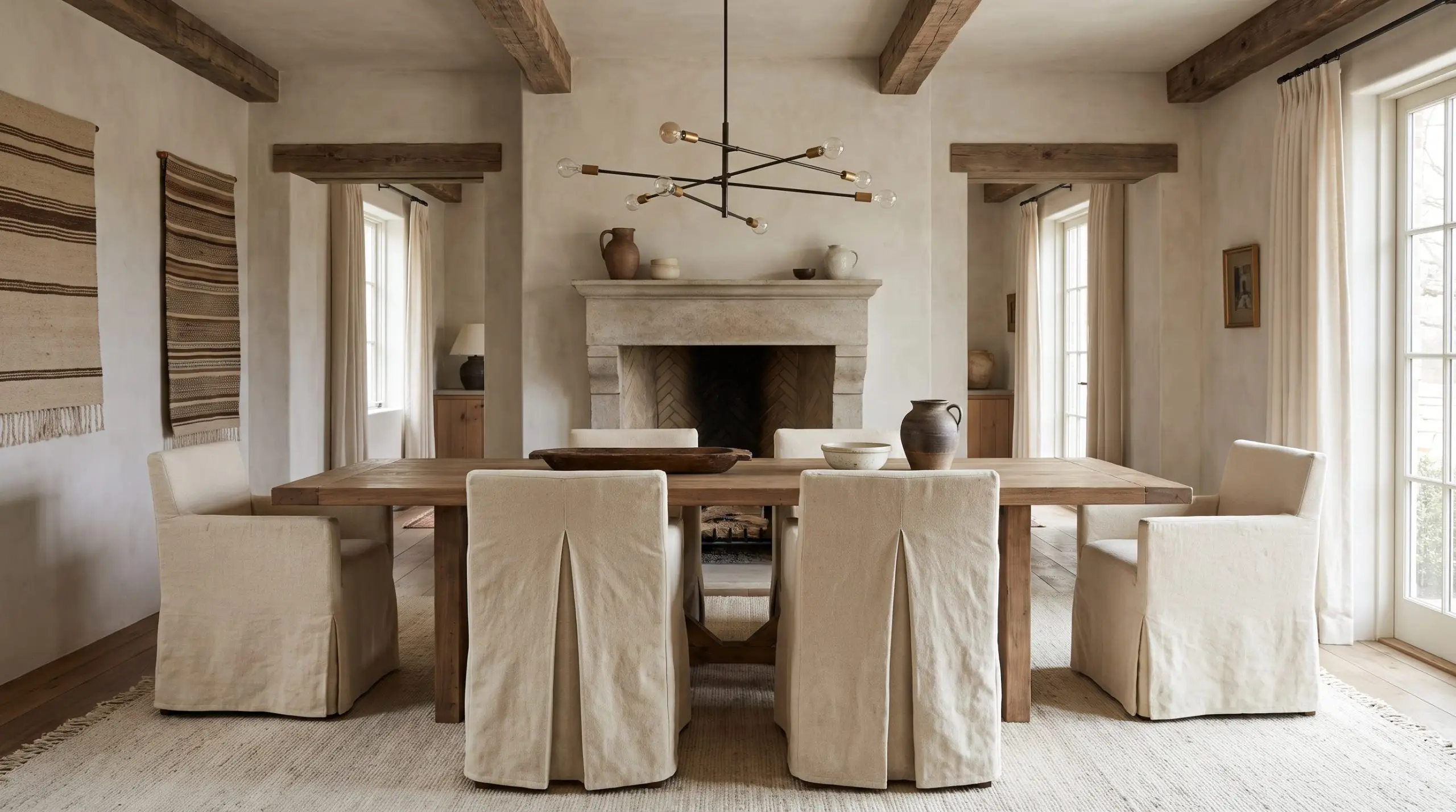 Chaises de salle à manger habillées de housses sur mesure en toile de chanvre écru à plis creux autour d'une table en bois mat sous un lustre contemporain.