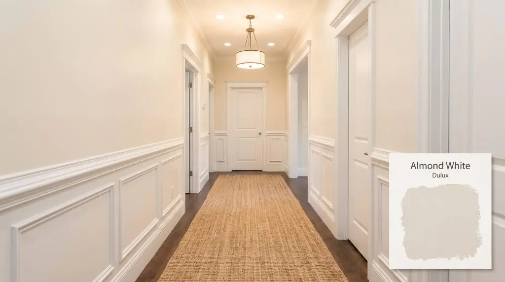 A natural jute runner stretches across a bright hallway lined with white wainscoting and upper walls painted in Dulux Almond White (Hex #EFE7DA).