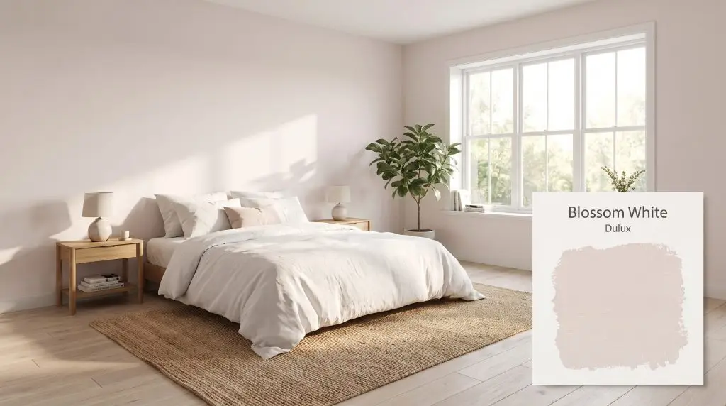 A minimalist bedroom painted in Dulux Blossom White (Hex #EEE2DF) featuring pale oak flooring, linen bedding, and wooden nightstands bathed in morning sunlight.