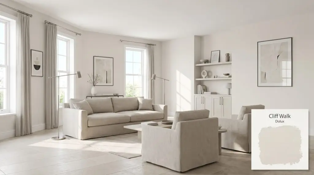 Modern living room showcasing light limestone flooring, a neutral linen sofa, and brushed nickel accents surrounded by Cliff Walk walls (Hex #F3F2EC).