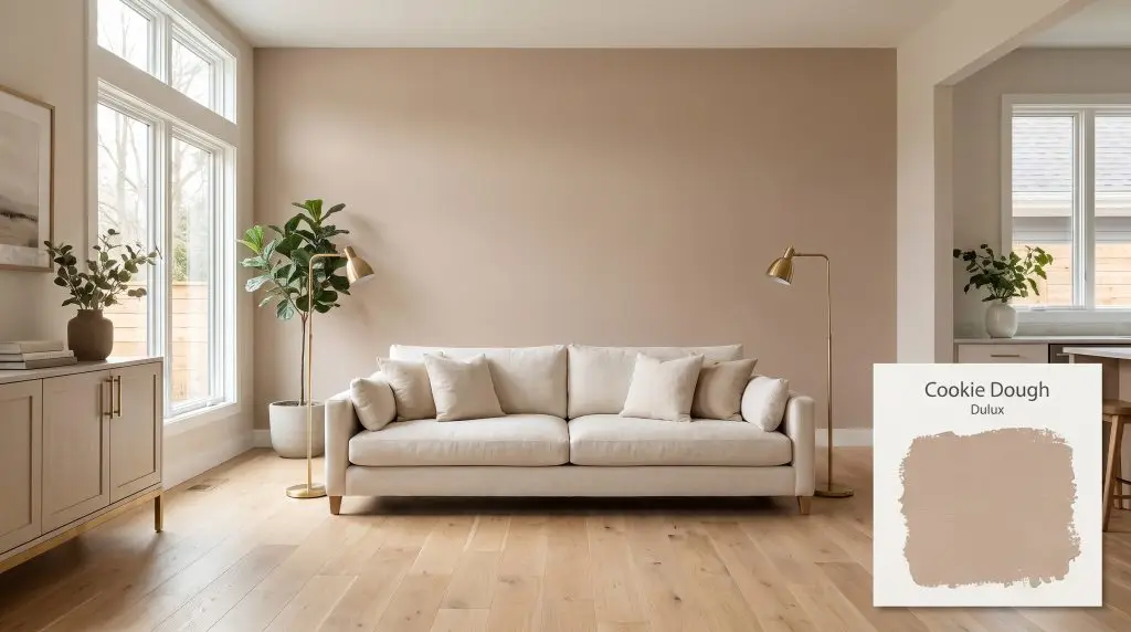 A cream linen sofa sits on light oak flooring against warm beige walls painted in Dulux Cookie Dough (Hex #BEA18E) with subtle brass accents.