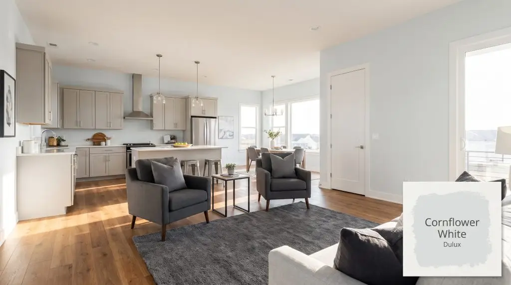 Warm oak flooring and soft charcoal accents ground an open-plan living area featuring walls painted in Dulux Cornflower White (Hex #DCE1DF) and brushed nickel hardware.