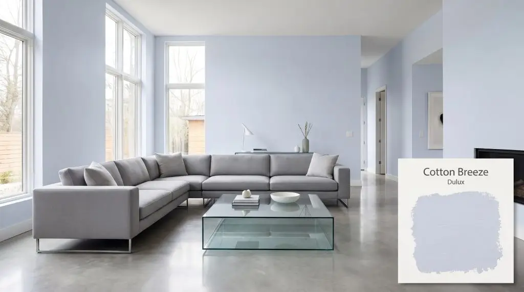 Polished concrete floors and a sleek gray sectional define a modern minimalist living area finished with Dulux Cotton Breeze (Hex #DFE5F0) walls.