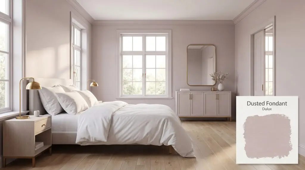 Crisp white bedding and light oak flooring anchor a contemporary bedroom painted in Dulux Dusted Fondant (Hex #C3B3B8) under soft morning light.