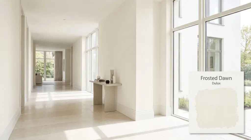 Light stone flooring and minimalist white trim line a spacious contemporary hallway illuminated by bright daylight against Dulux Frosted Dawn (Hex #F7F6EE) walls.