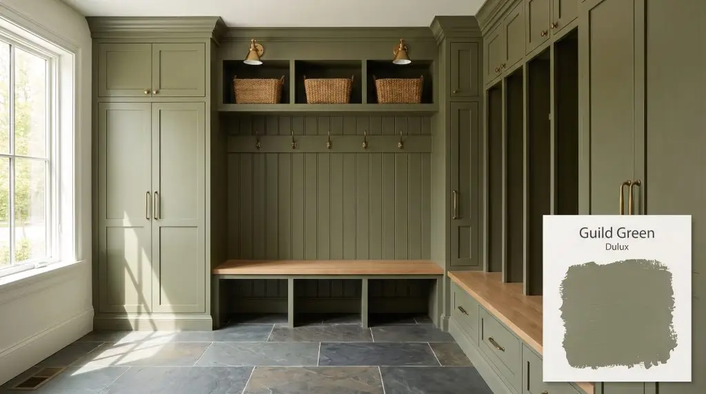 Custom millwork painted in Dulux Guild Green (Hex #777B5B) lines a mudroom featuring a natural oak bench and slate tile flooring.