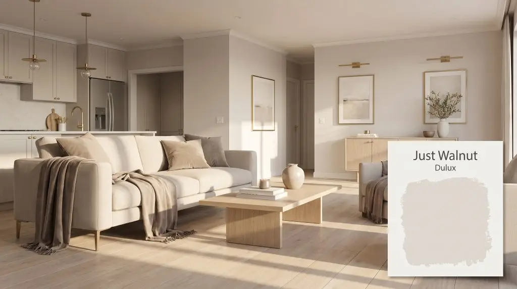 Mushroom taupe accents and brushed brass hardware highlight an open-plan space painted in Dulux Just Walnut (Hex #E0DAD5) over pale oak floors.