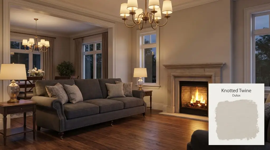 A charcoal grey sofa and warm brass fixtures anchor a traditional space painted in Dulux Knotted Twine (Hex #CBC4B8) over walnut flooring.