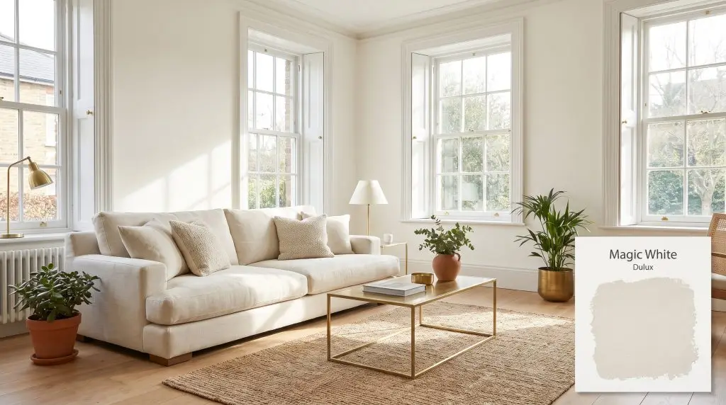Large sash windows and a cream linen sofa sit against warm off-white walls painted in Dulux Magic White (Hex #EEEEE7) above light oak floors.