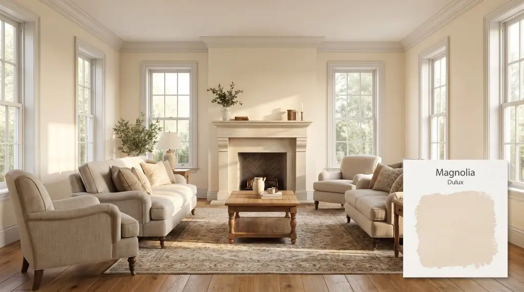 Neutral upholstery and a classic fireplace anchor a cozy traditional living room featuring warm oak floors and Dulux Magnolia (Hex #F4E7D4) walls.