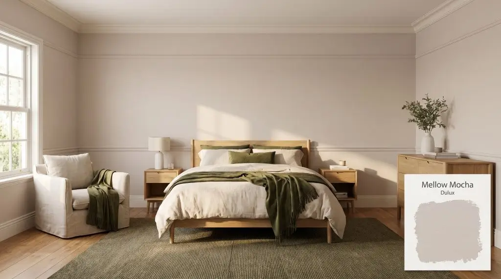 Natural oak furniture and deep olive accents beautifully contrast with off-white trim and tranquil bedroom walls painted in Dulux Mellow Mocha (Hex #D7CCC7).