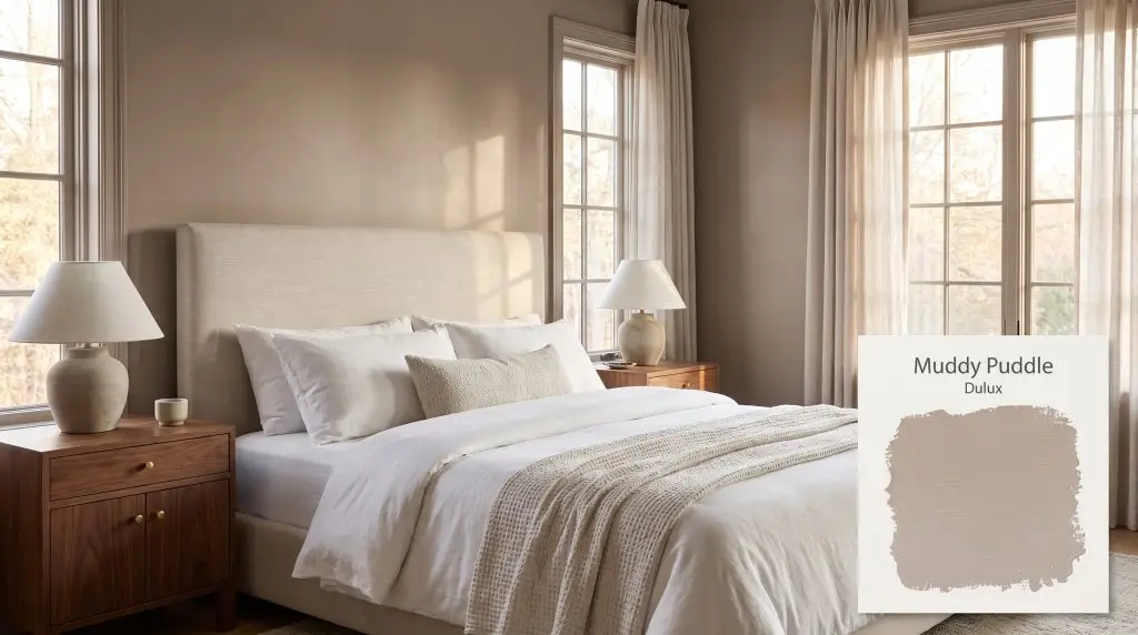 Crisp white bedding and a plush upholstered headboard contrast beautifully with earthy taupe bedroom walls coated in Dulux Muddy Puddle (Hex #BEA99D).